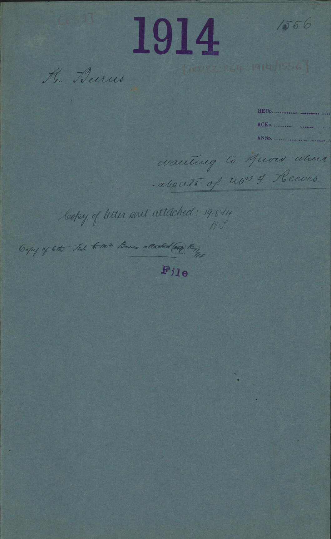 Wanting to know whereabouts of Mrs F Reeves - R Burns