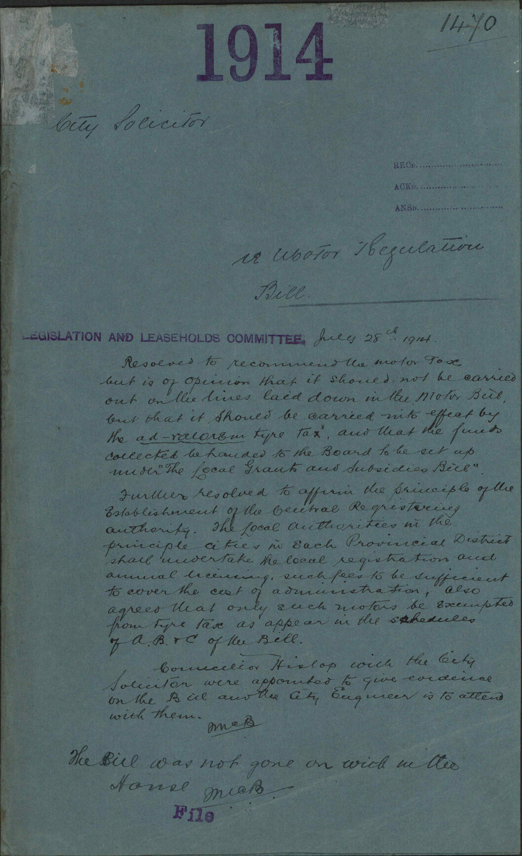 Re Motor Regulation Bill - City Solicitor
