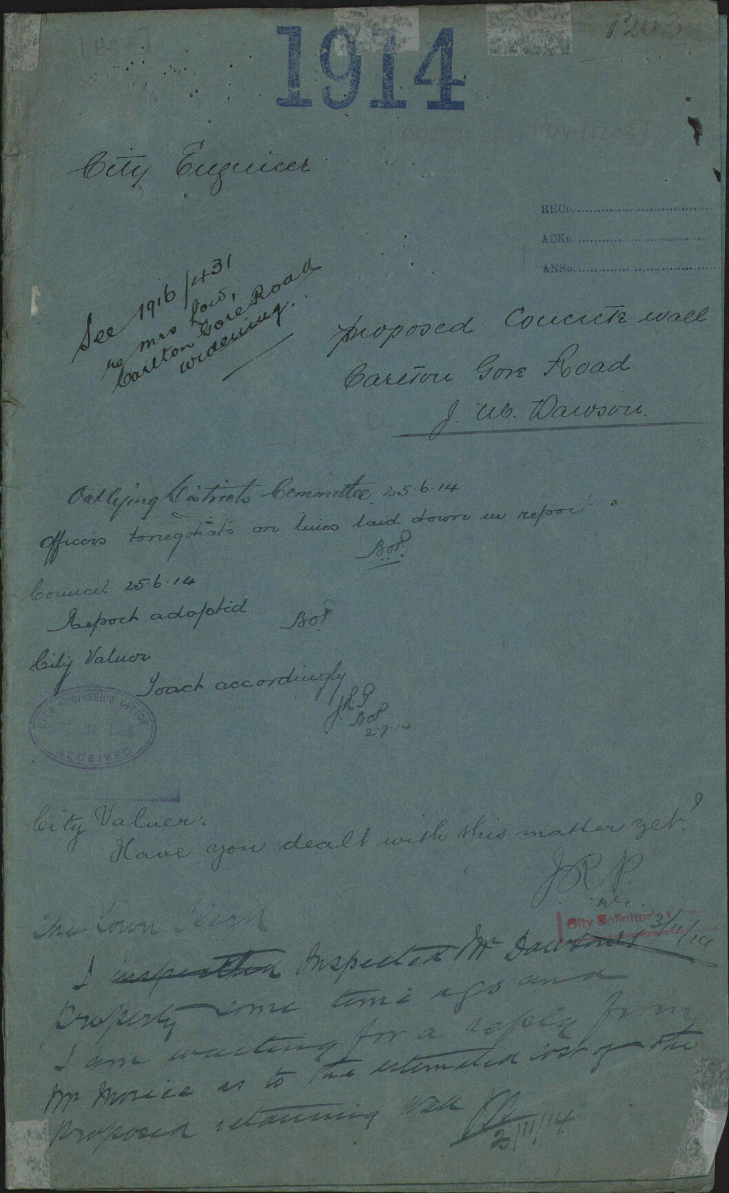 Proposed concrete wall, Carlton Gore Road, J M Dawson - City Engineer