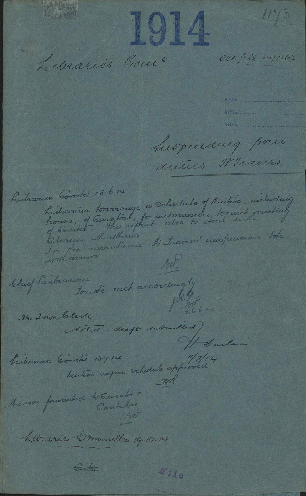 Suspending from duties H Travers - Libraries Committee