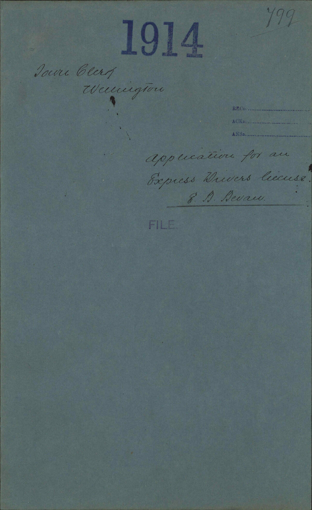 Application for an Express Driver's license, E B Bevan - Town Clerk, Wellington