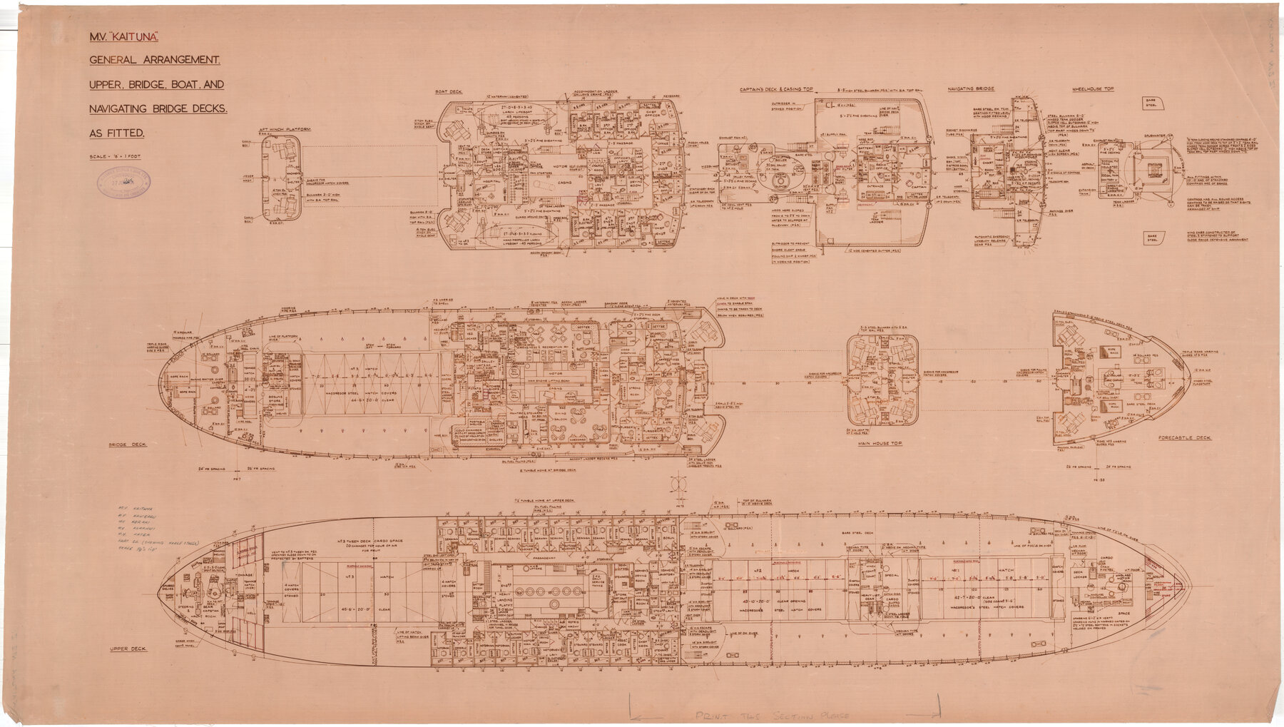 MV Kaituna II, general arrangement, upper, bridge, boat, and navigating bridge decks as fitted