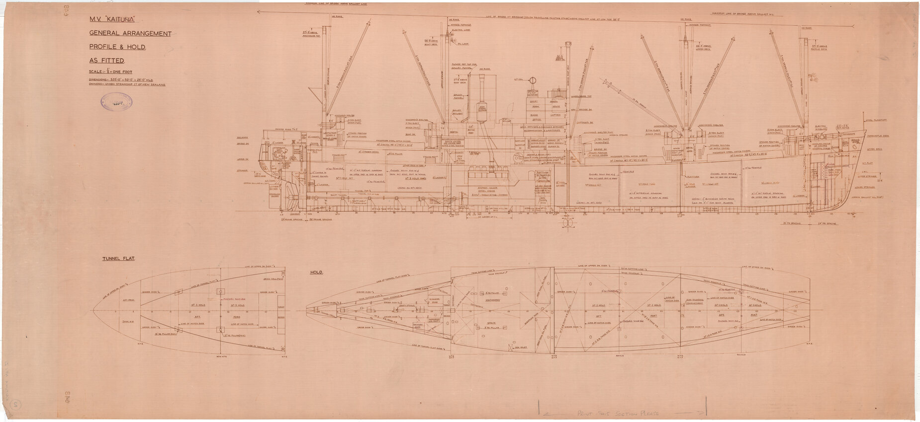MV Kaituna II, general arrangement, profile &amp; hold as fitted