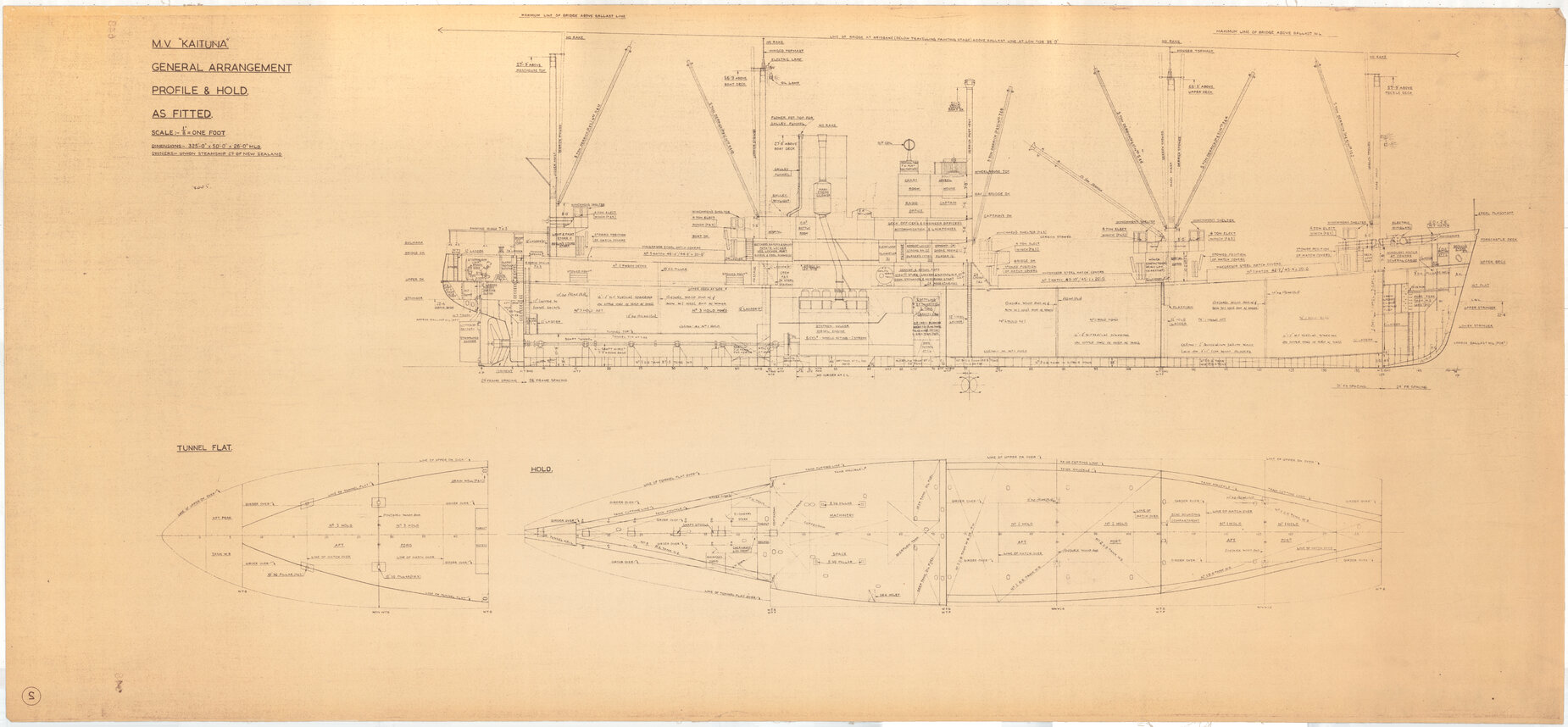 MV Kaituna II, general arrangement, profile and hold as fitted
