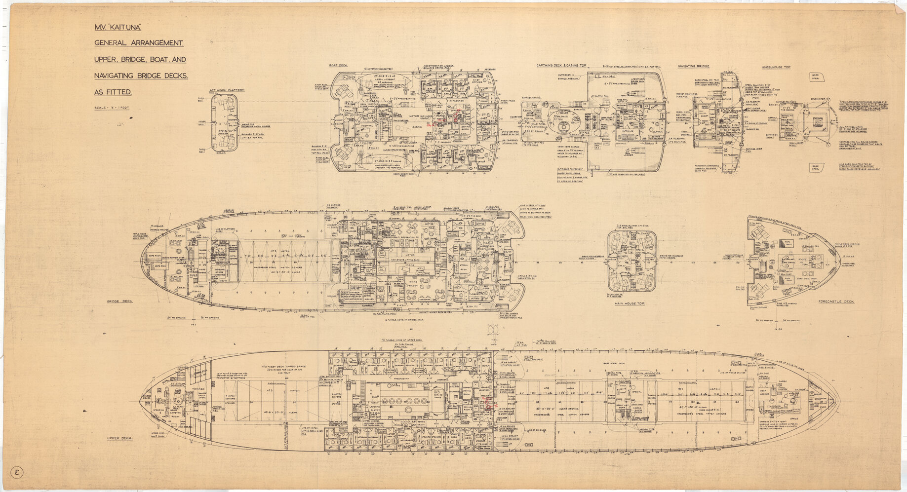 MV Kaituna II, general arrangement, upper bride, boat, and navigating bridge decks as fitted