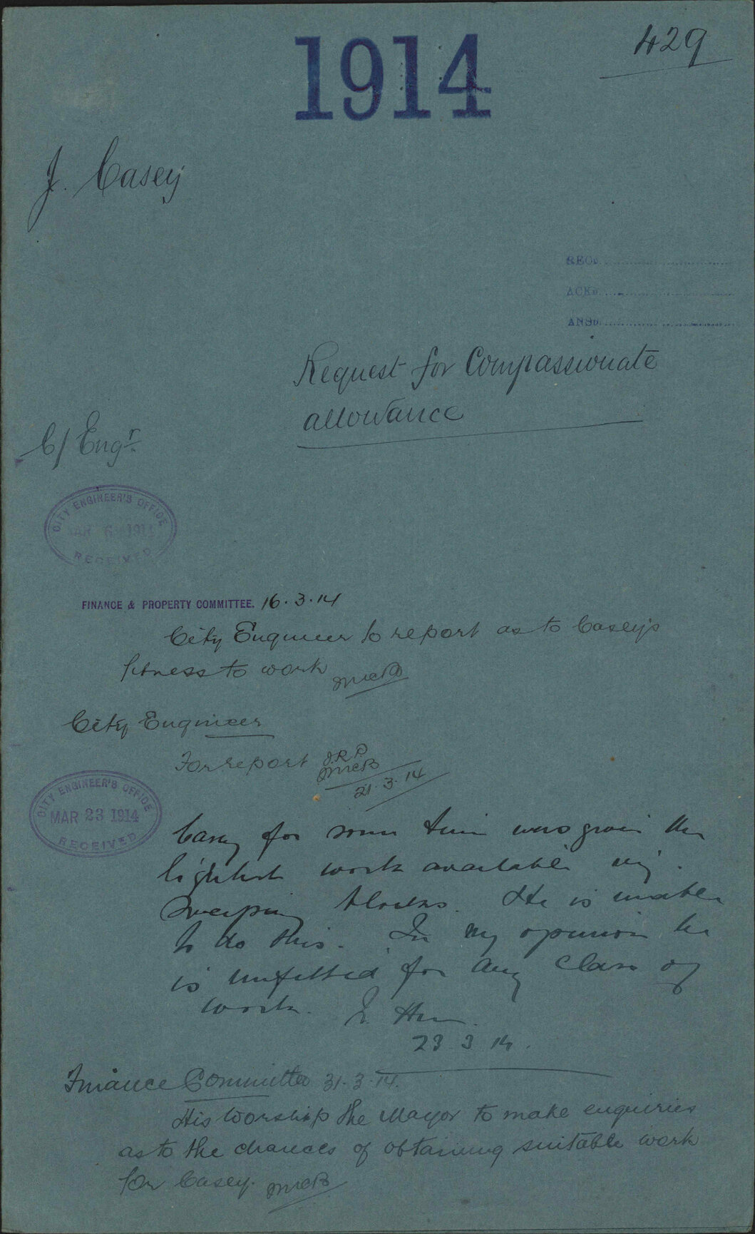 Request for compassionate allowance - J Casey