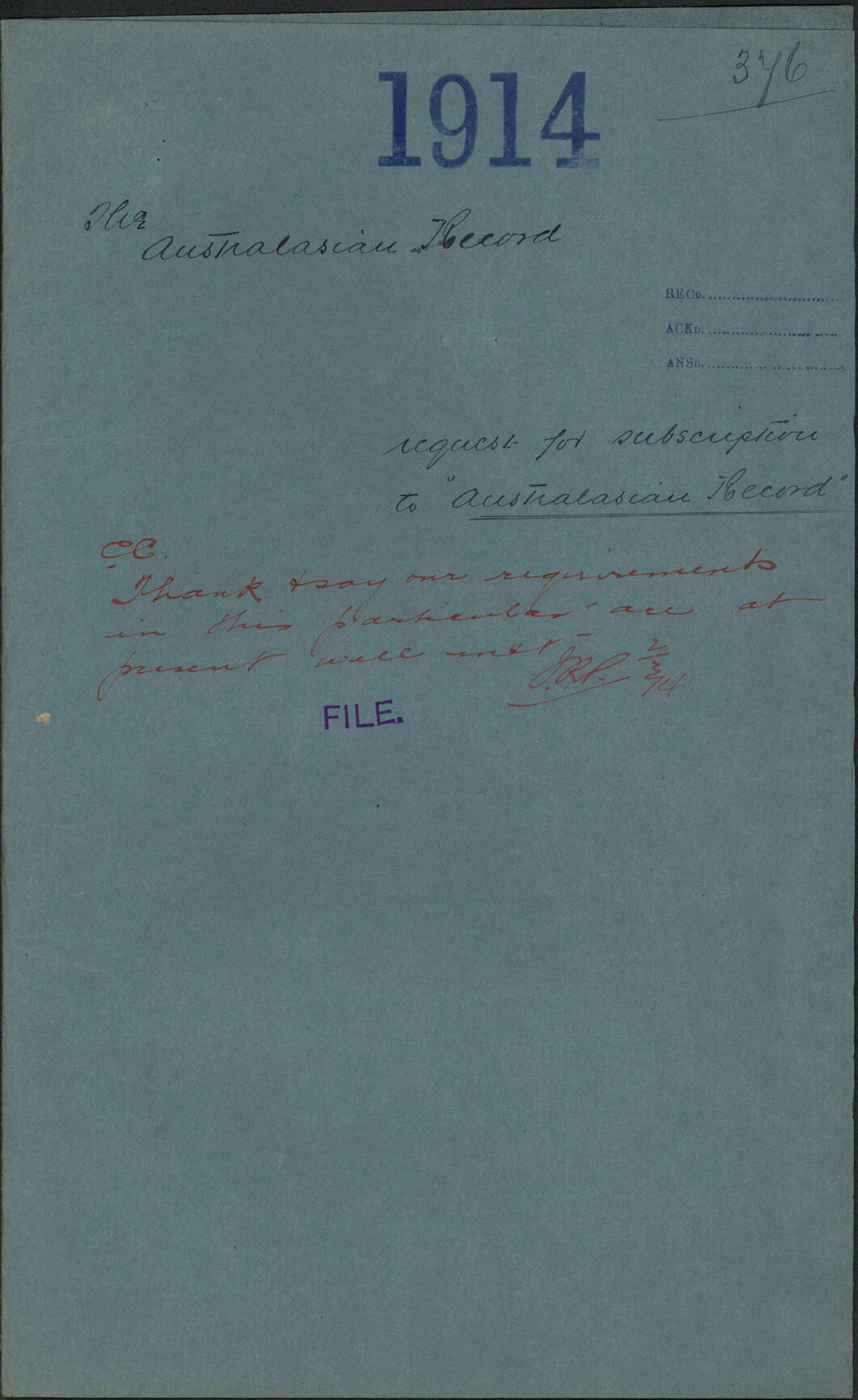 Request for subscription to 'Australasian Record' - The Australasian Record