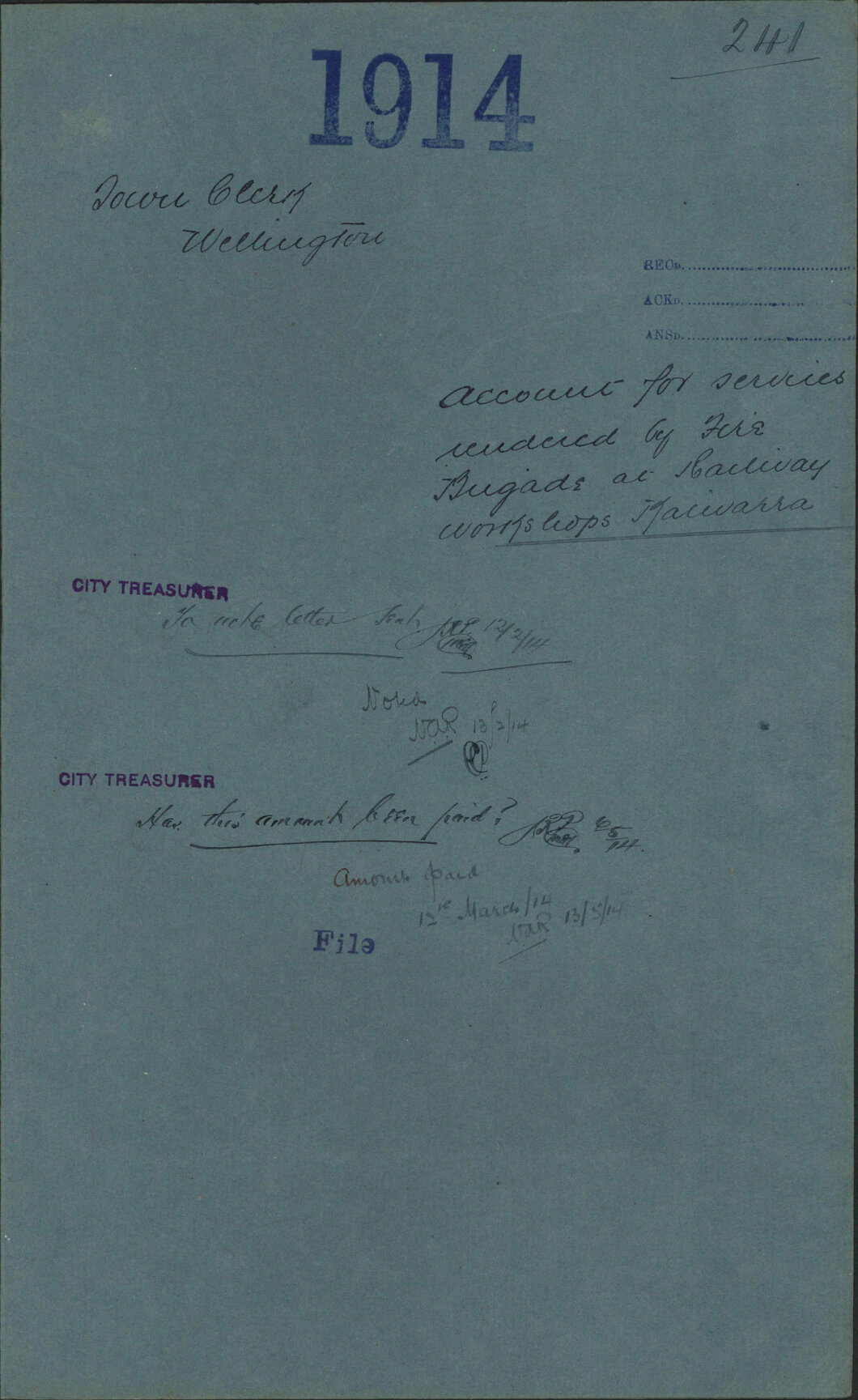 Account for services rendered by Fire Brigade at Railway workshops, Kaiwarra - Town Clerk, Wellington