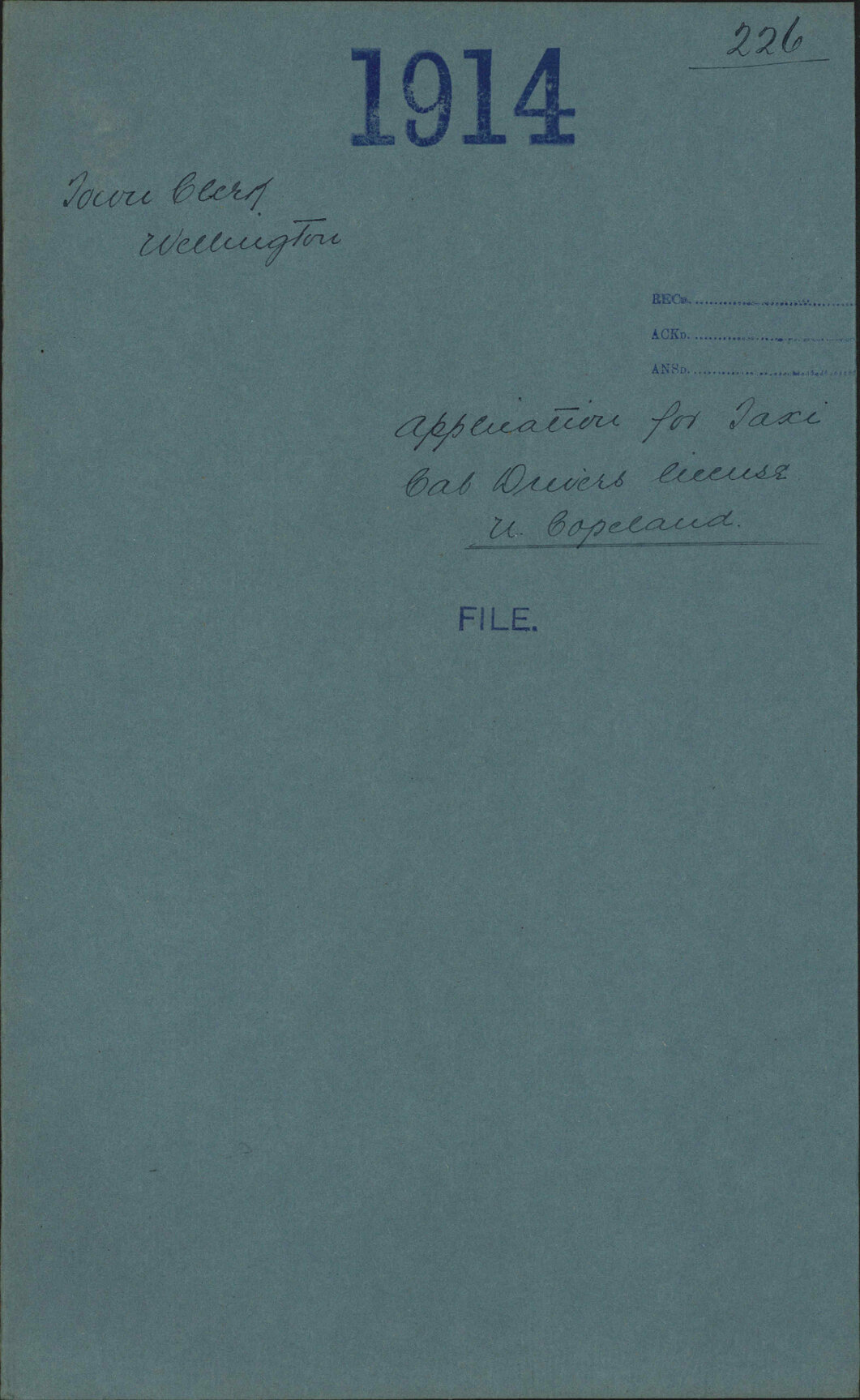 Application for Taxi Cab drivers license, N Copeland - Town Clerk, Wellington