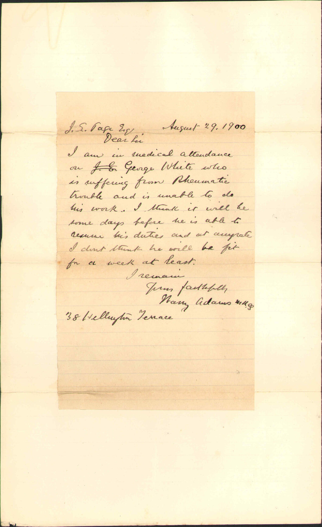Certificate regarding George White - Dr Adams