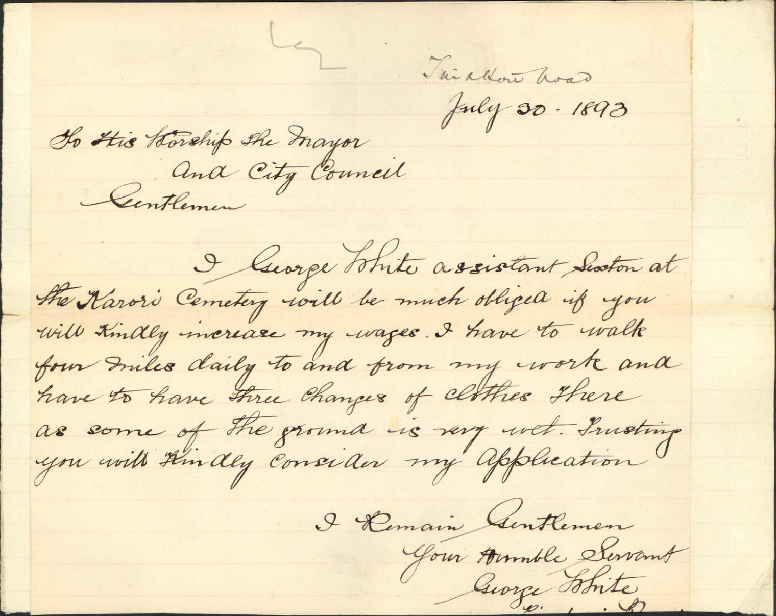 Application for increase of wages - George White