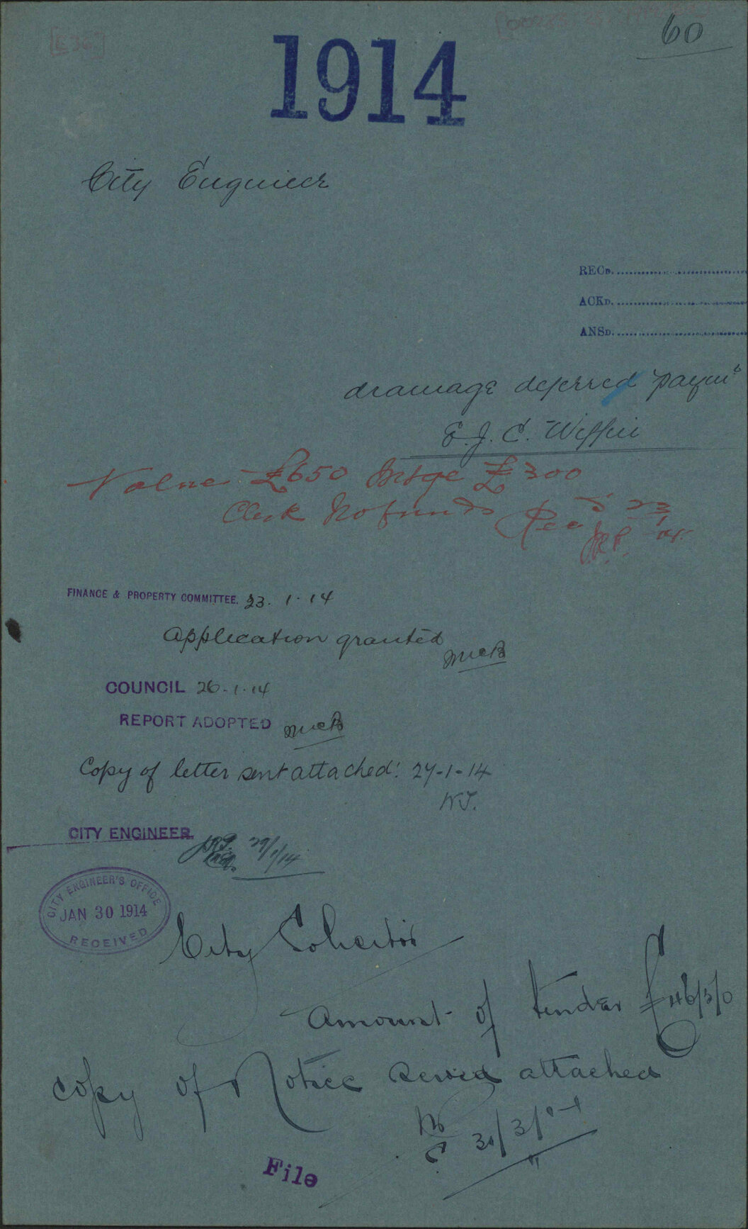 Drainage, deferred payment, E J C Wiffin - City Engineer