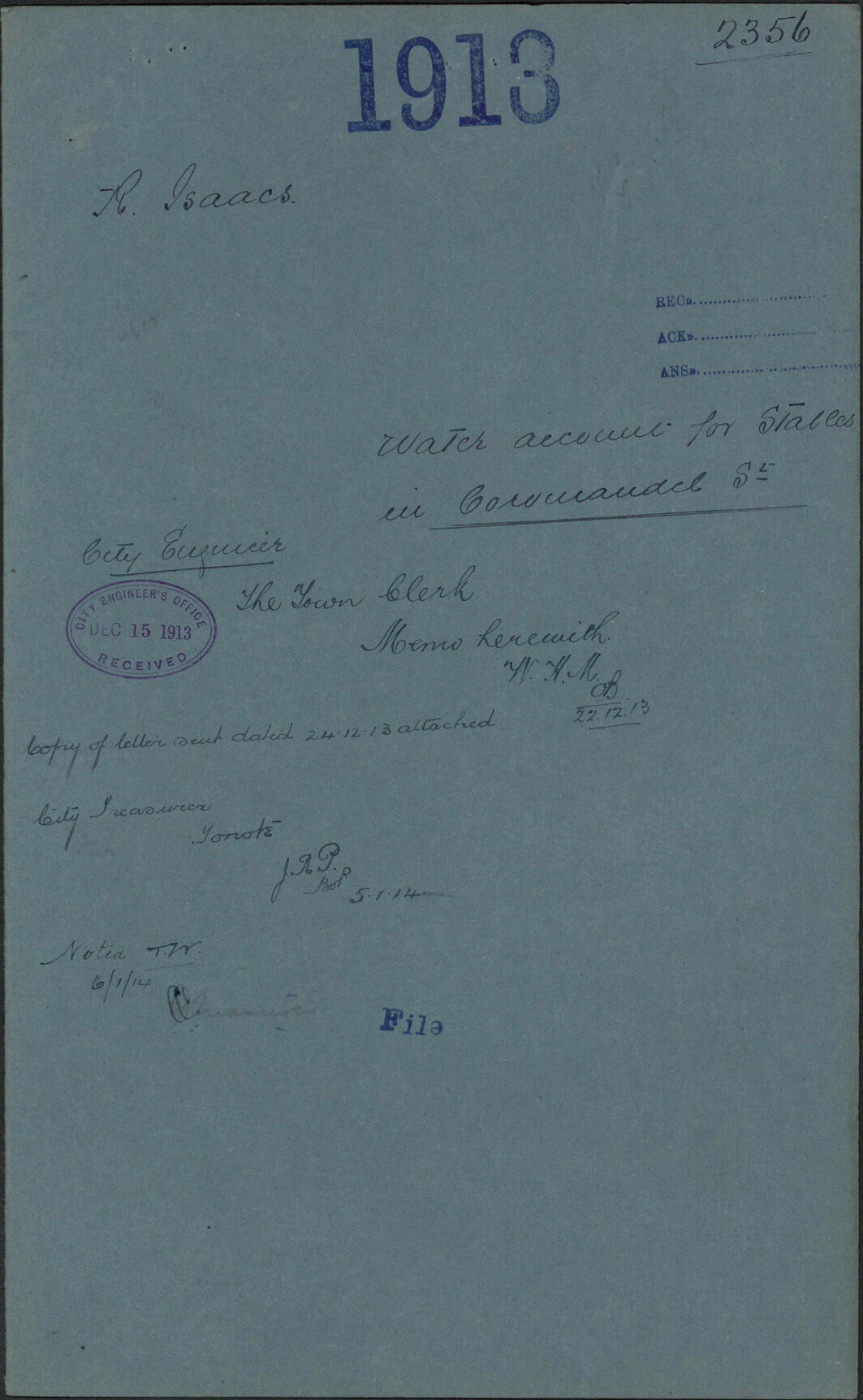 Water account for stables in Coromandel Street - R Isaacs