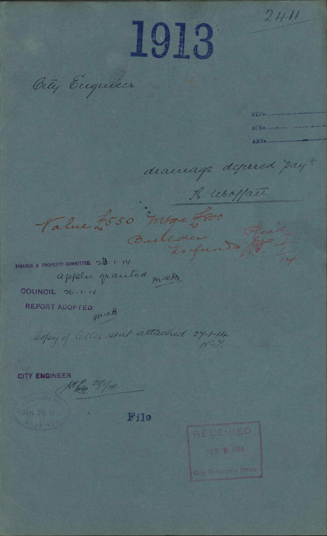 Drainage, deferred payment, Richard Moffat - City Engineer