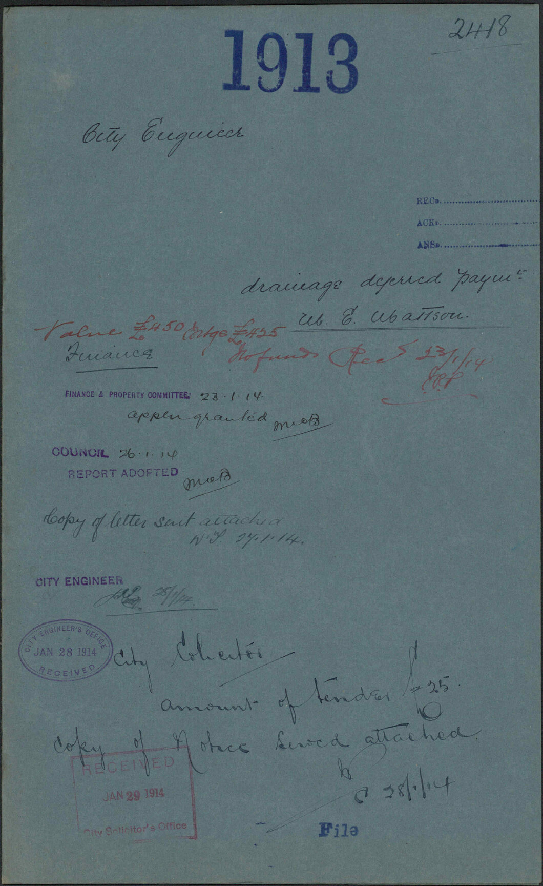 Drainage, deferred payment, Mary E Mattson - City Engineer