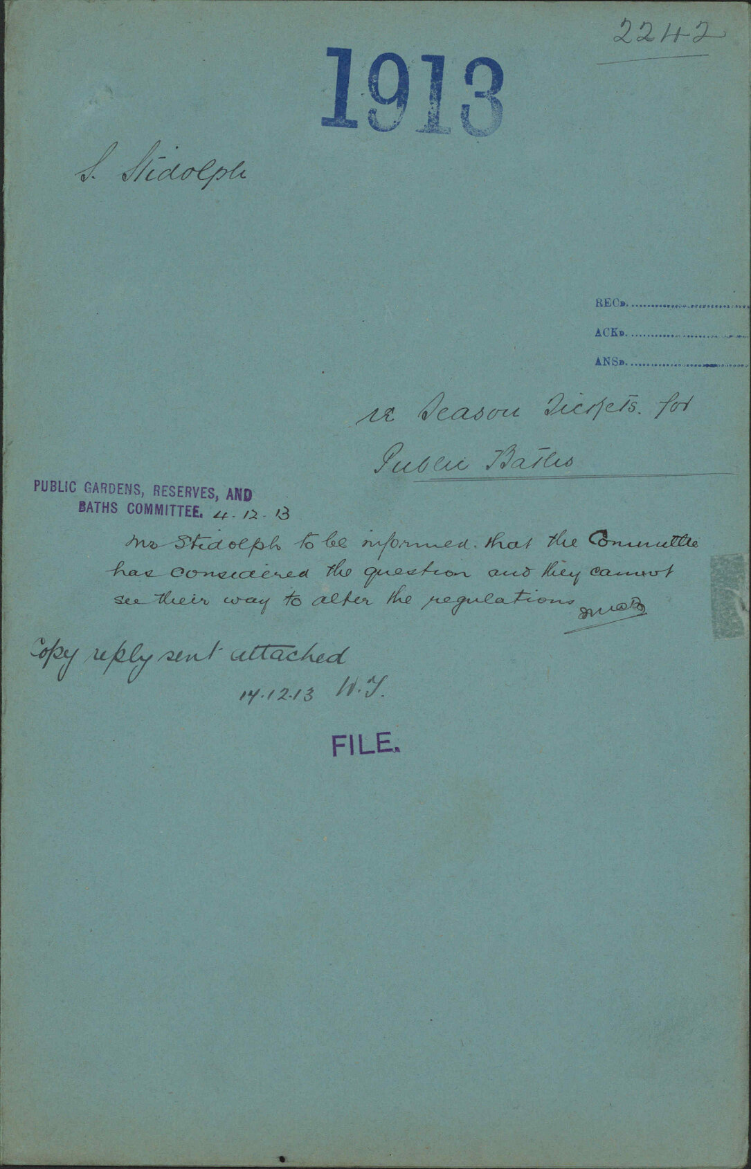 Re season tickets for public baths - S Stidolph
