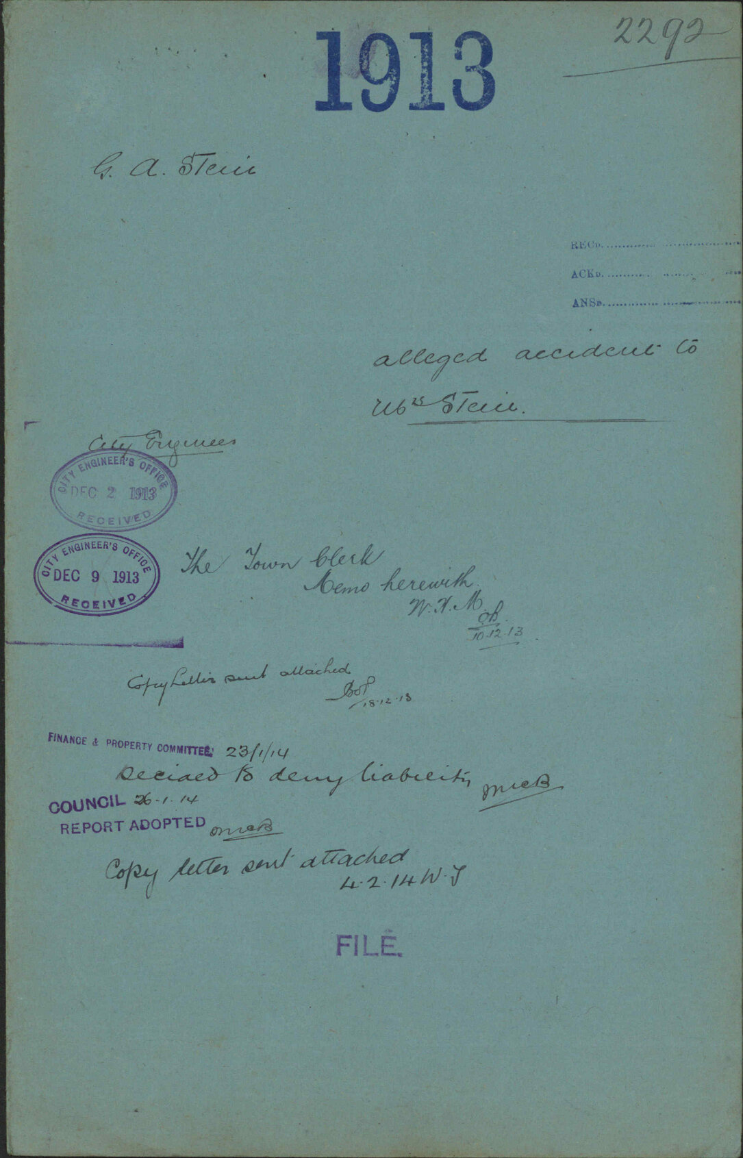 Alleged accident to Mrs Stein - G A Stein