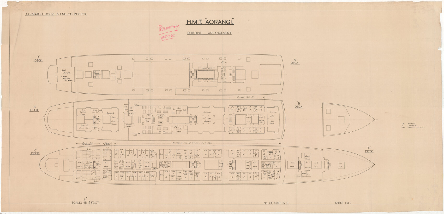 MV Aorangi, berthing arrangement, A deck, B deck and C deck