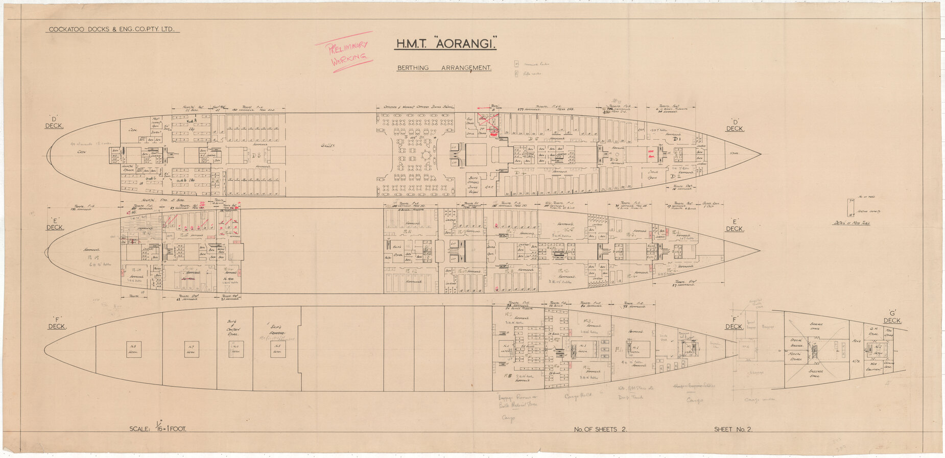 MV Aorangi, berthing arrangement, D deck, E Deck, F deck and G deck