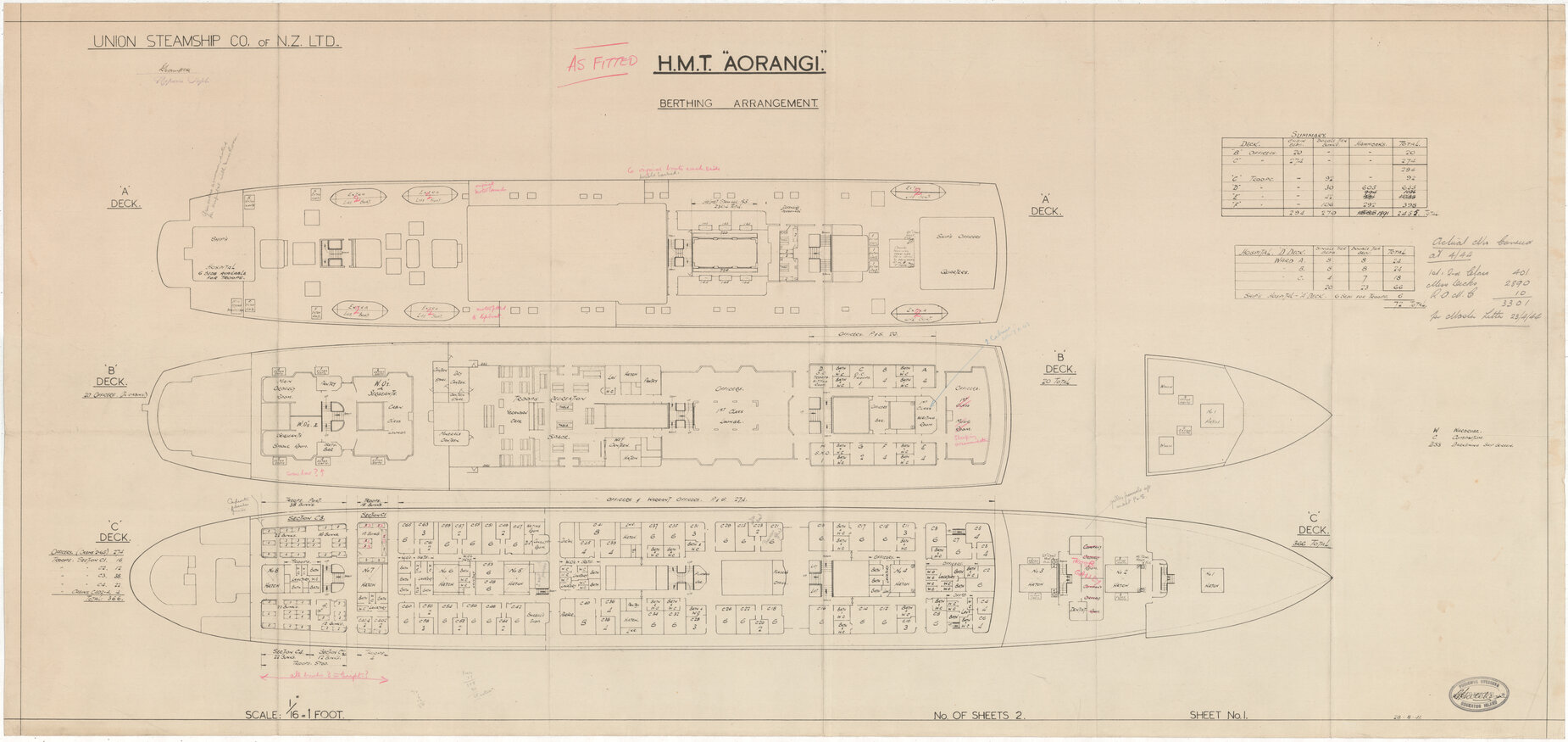 MV Aorangi, berthing arrangement, A deck, B deck and C deck