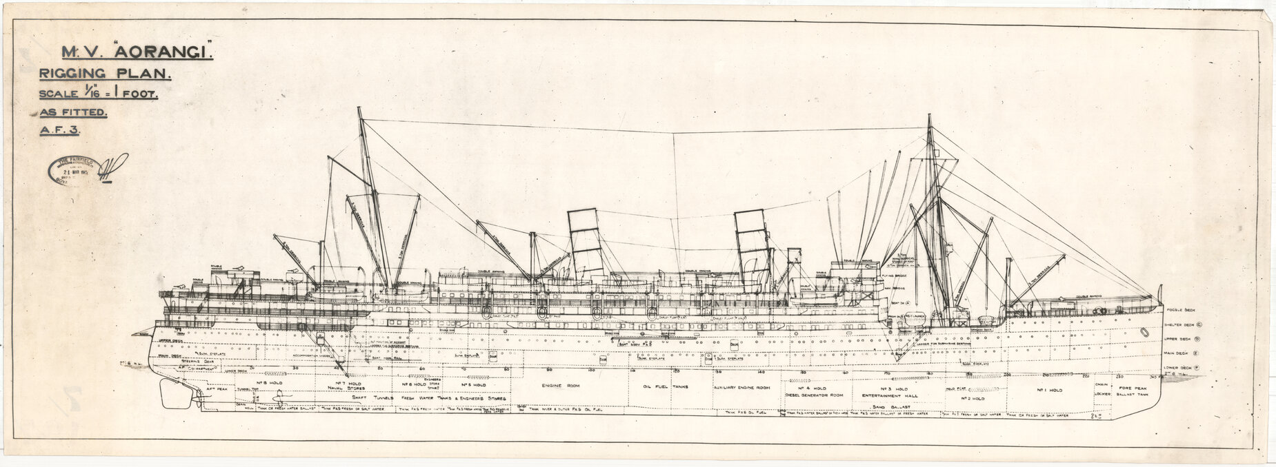 MV Aorangi, rigging plan