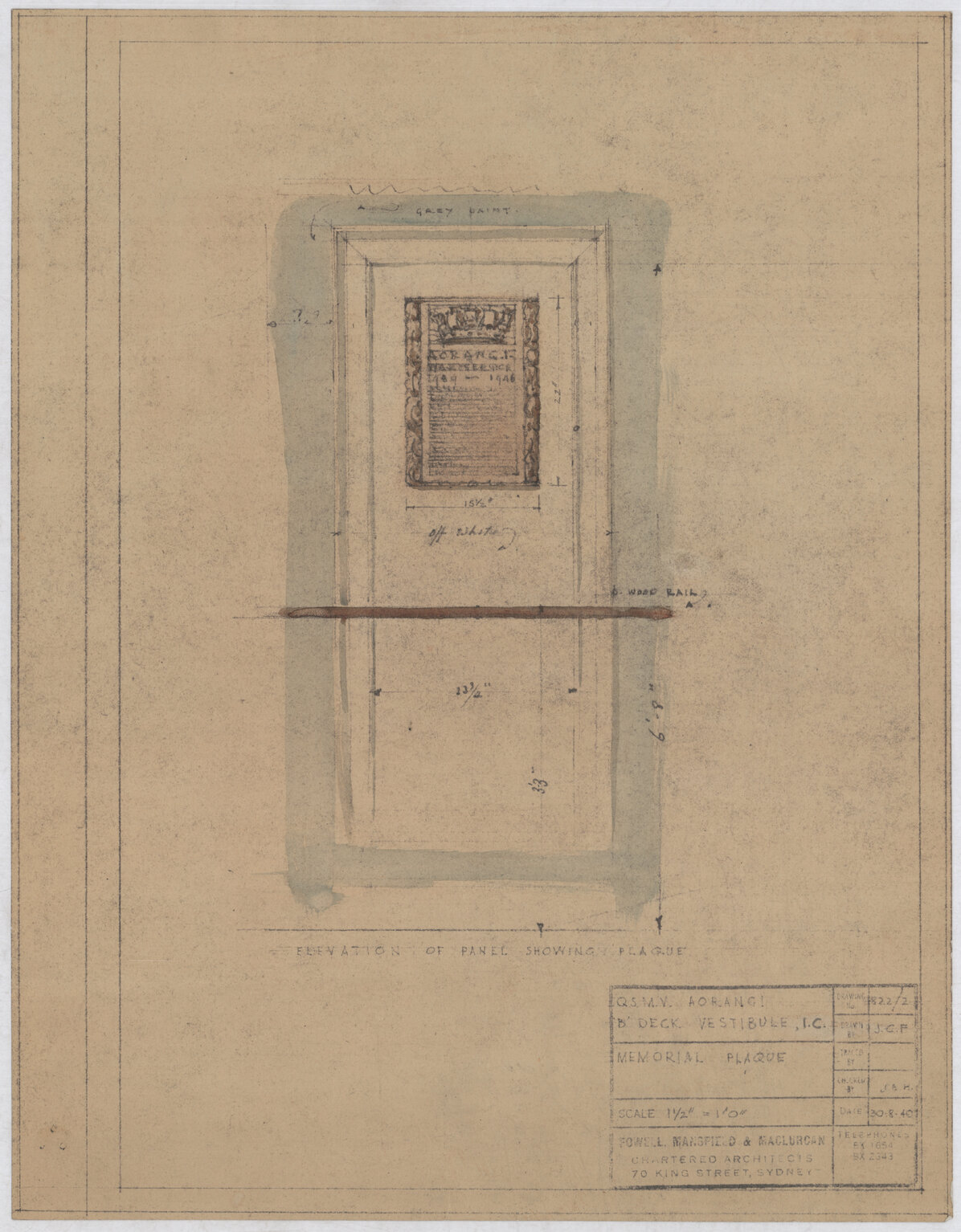 QSMV Aorangi, Elevation of panel showing plaque
