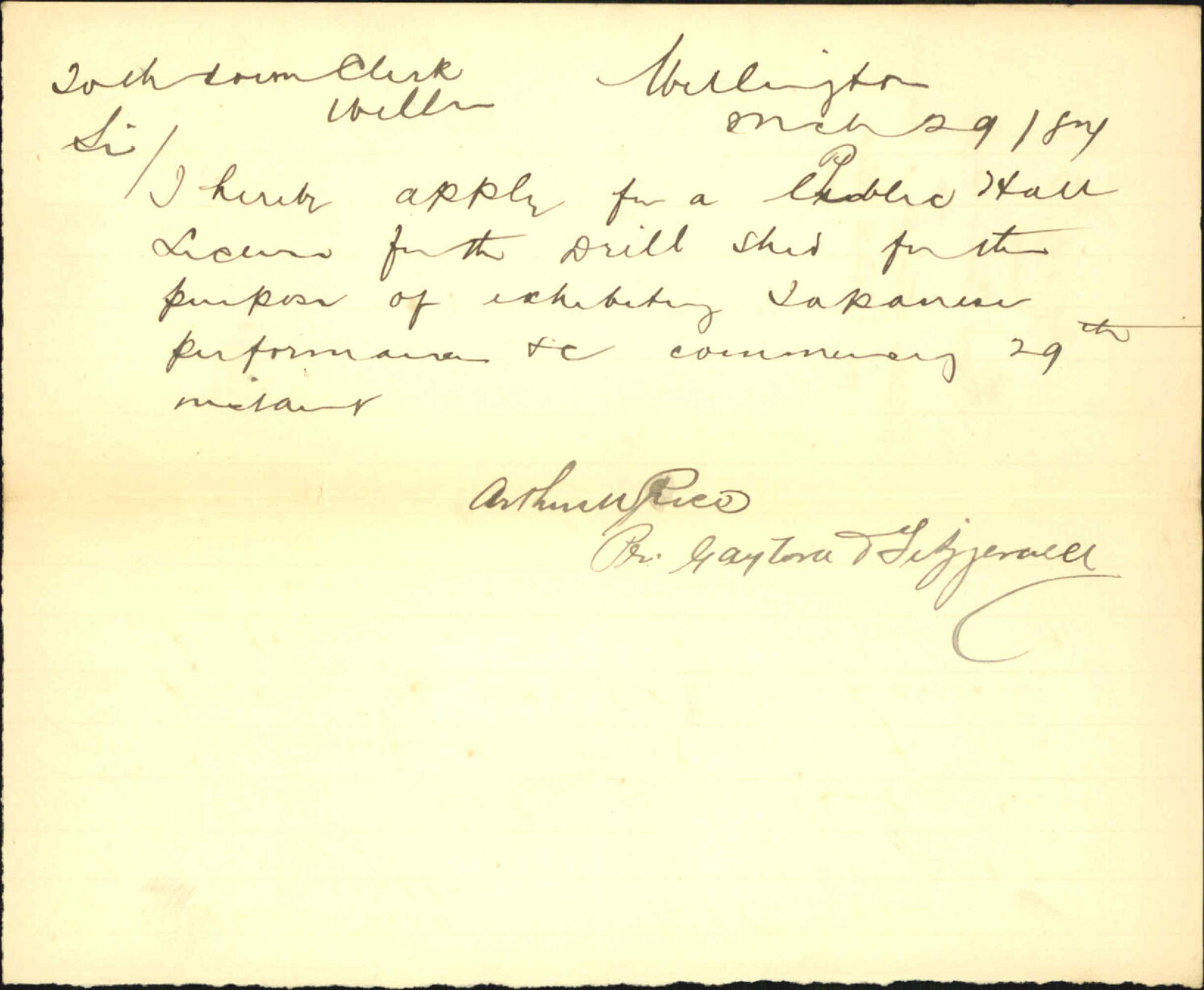 Application for license for drill shed - Fryers Circus Company
