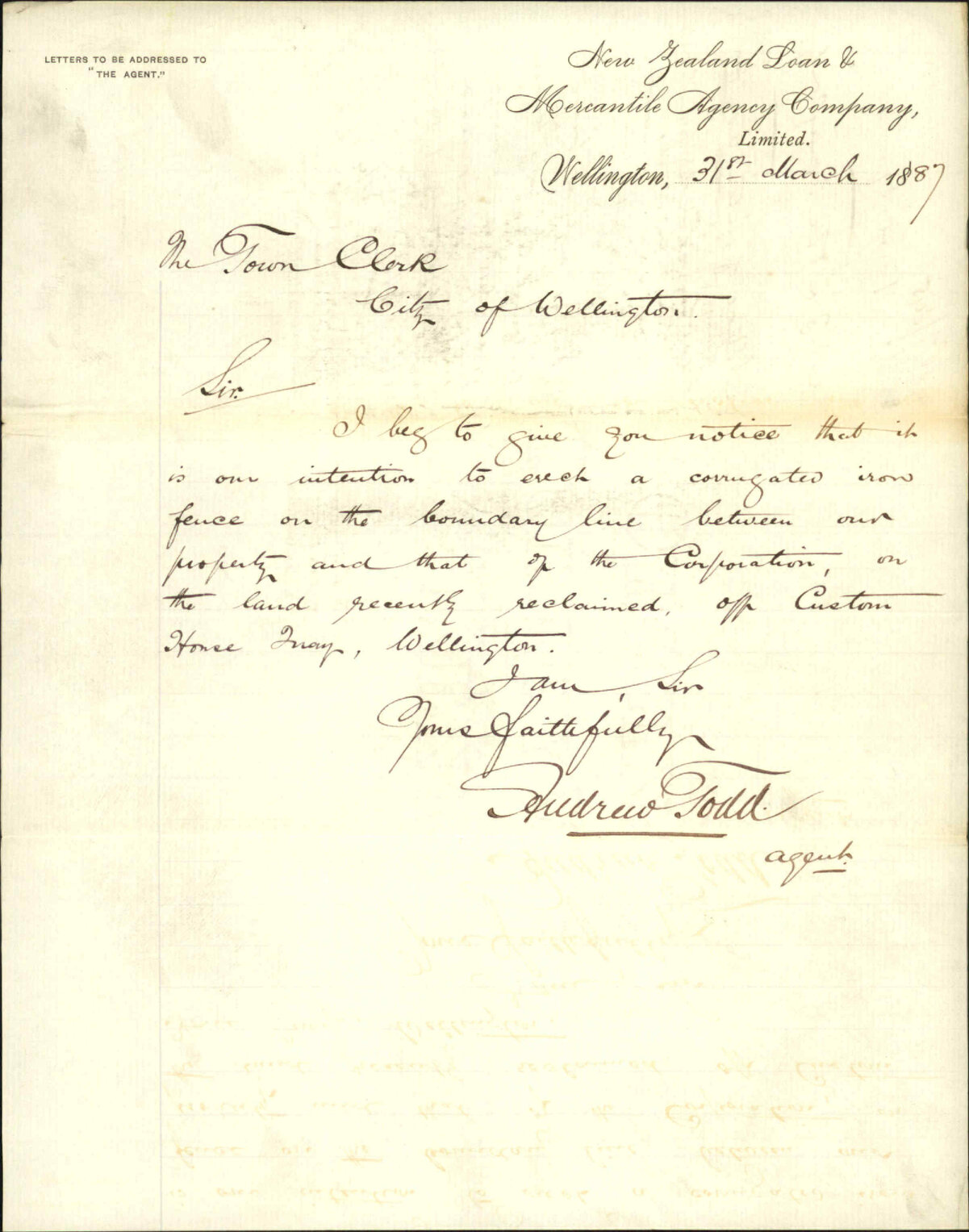 Notice of intention to erect fence, Te Aro Foreshore - New Zealand Loan and Mercantile Agency Company