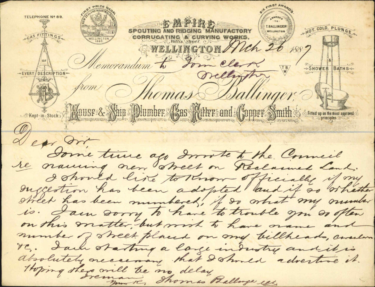 Victoria Street [numbering of his premises] - Thomas Ballinger