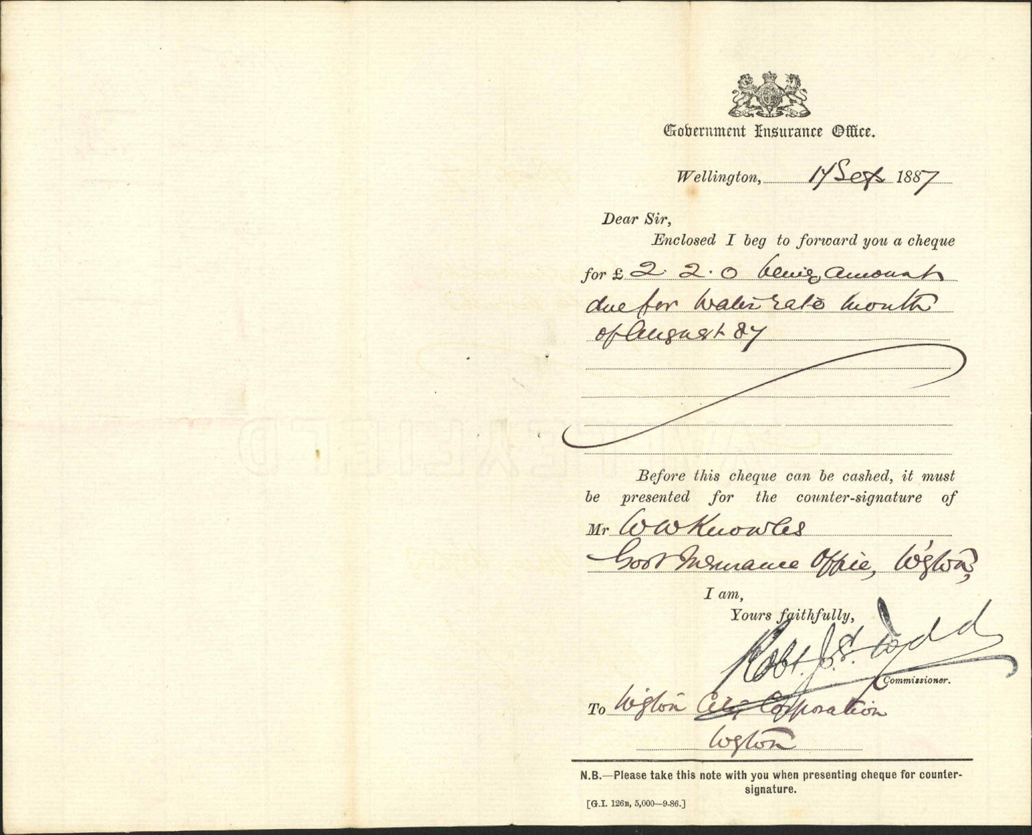 Enclosing cheque for water account - Government Insurance Office