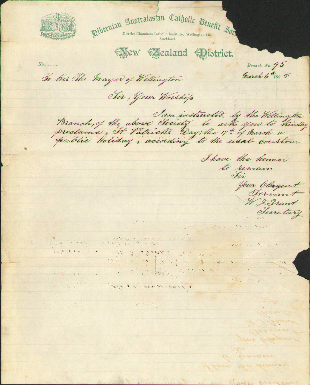 Asking the mayor to proclaim a holiday on St. Patrick's Day - Hibernian Australasian Catholic Benefit Society