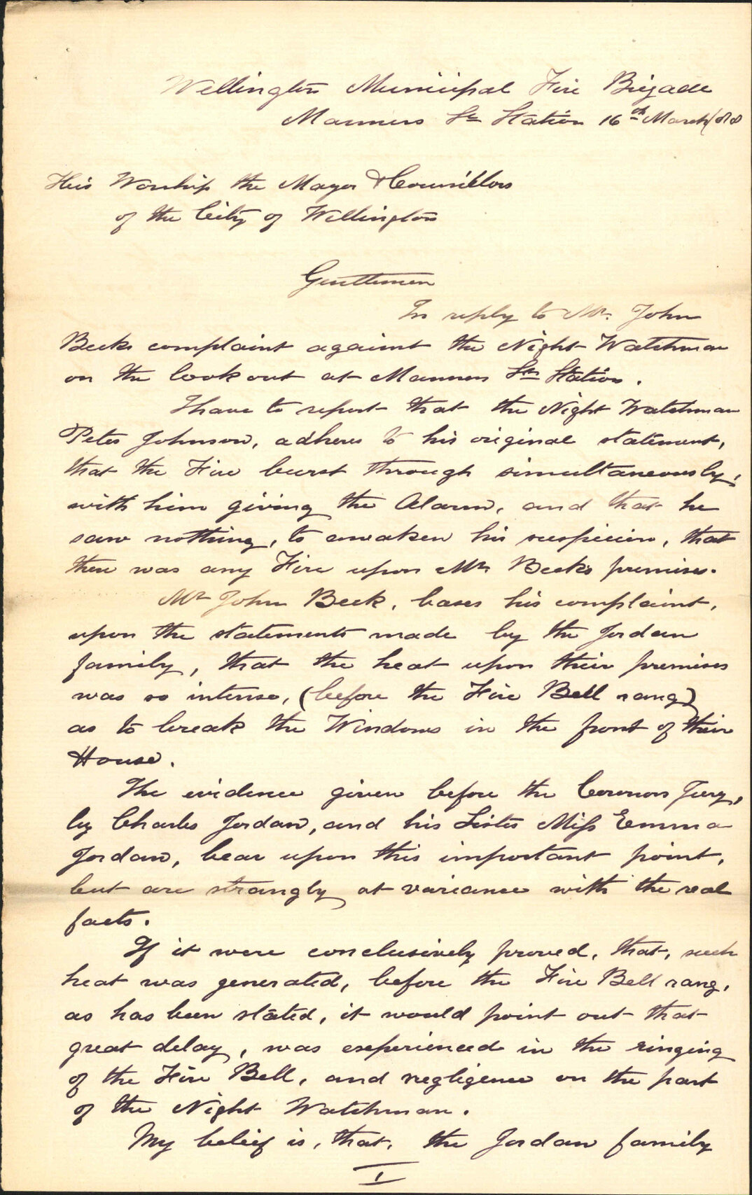 Report regarding Night Watchman and John Beck's fire - Captain of Fire Brigade