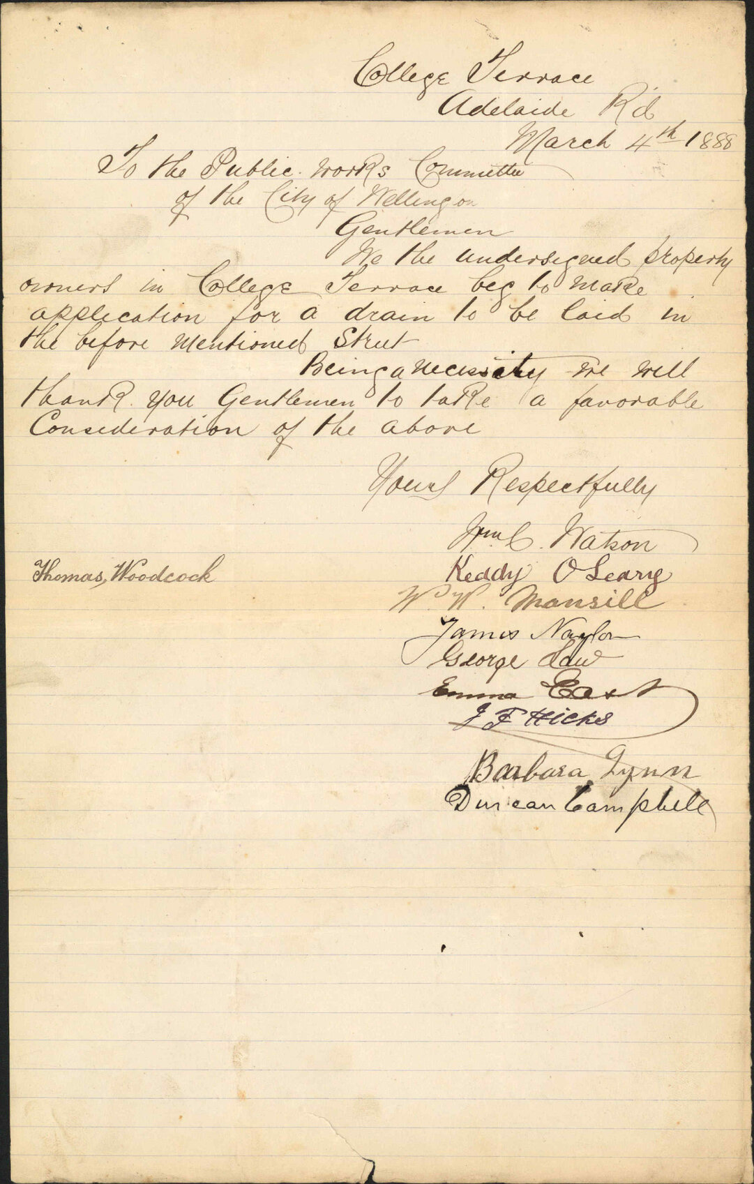 Asking for drain in College Terrace - W C Watson and others
