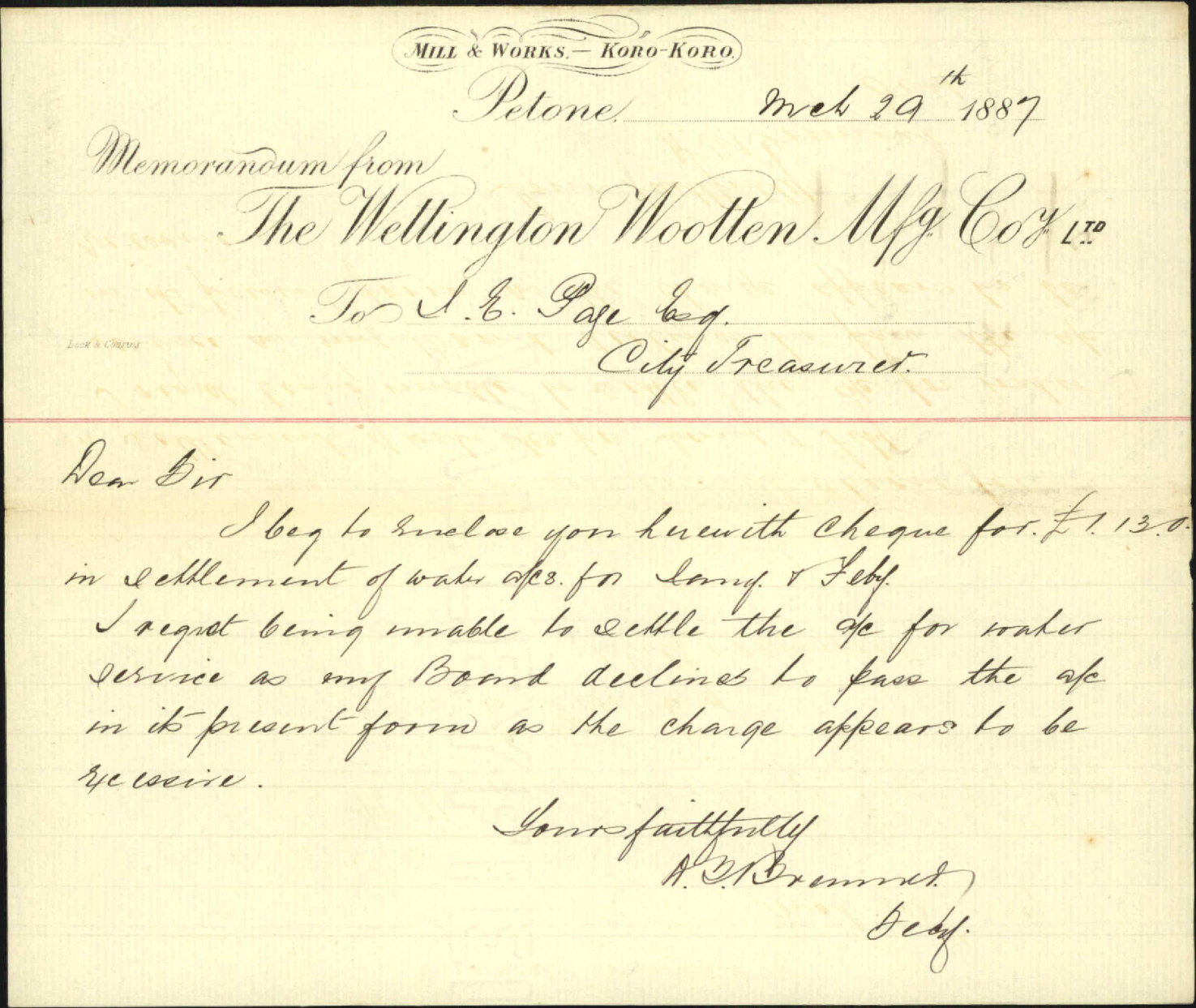 Account for water service - Wellington Woollen Company