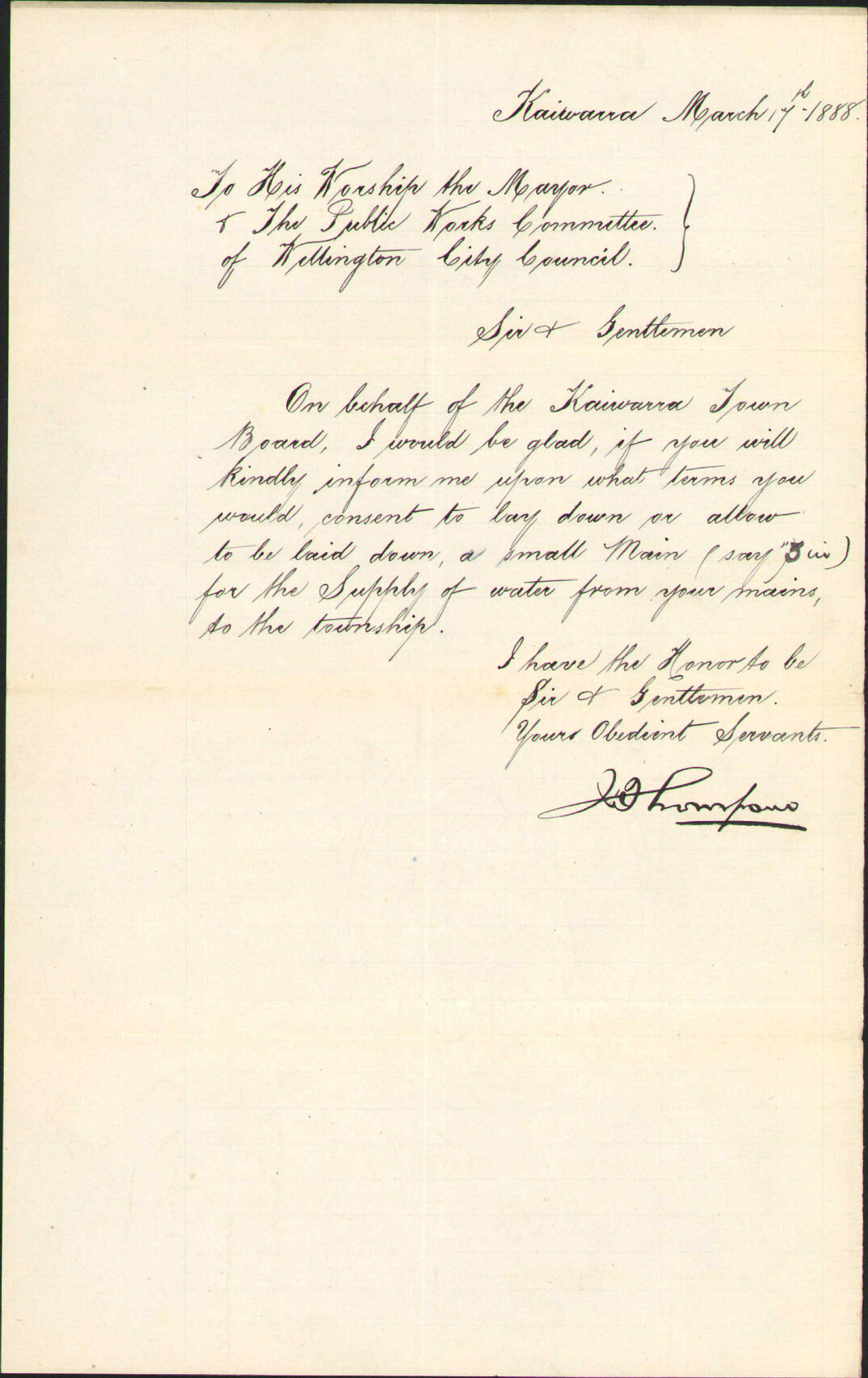 Enquiry regarding water supply for Kaiwarra township - J Thompson