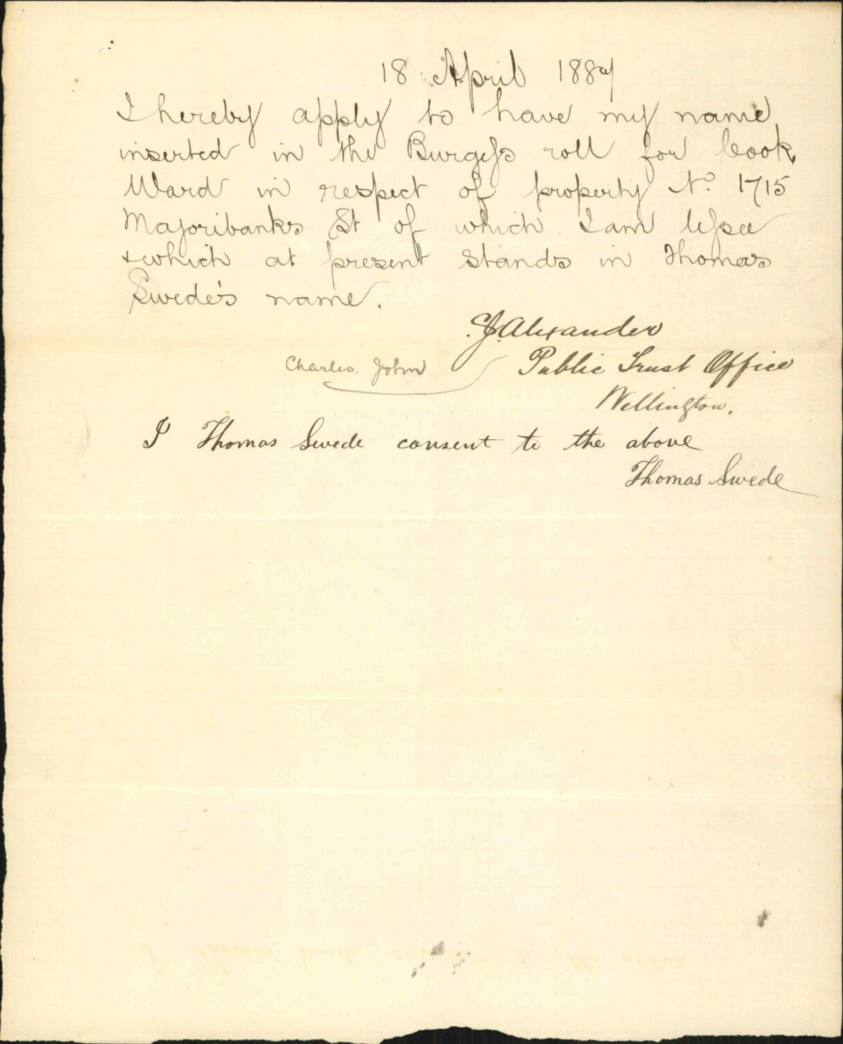 Application to be placed on Burgess Roll - C J Alexander