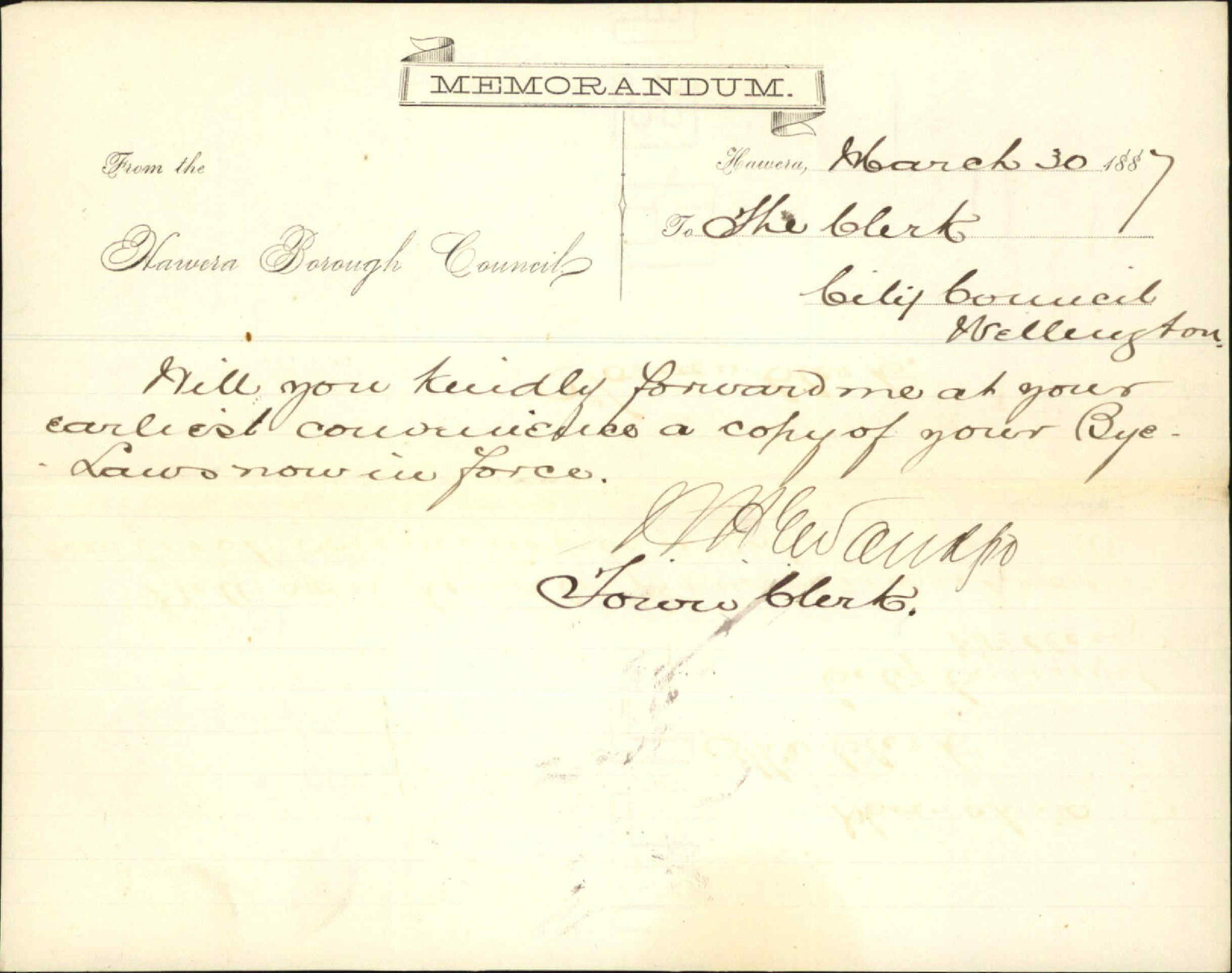 Asking for copy of bylaws - Town Clerk, Hawera