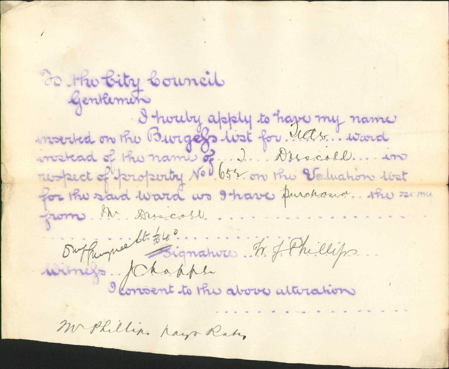 Application to be placed on burgess roll - W J Phillips