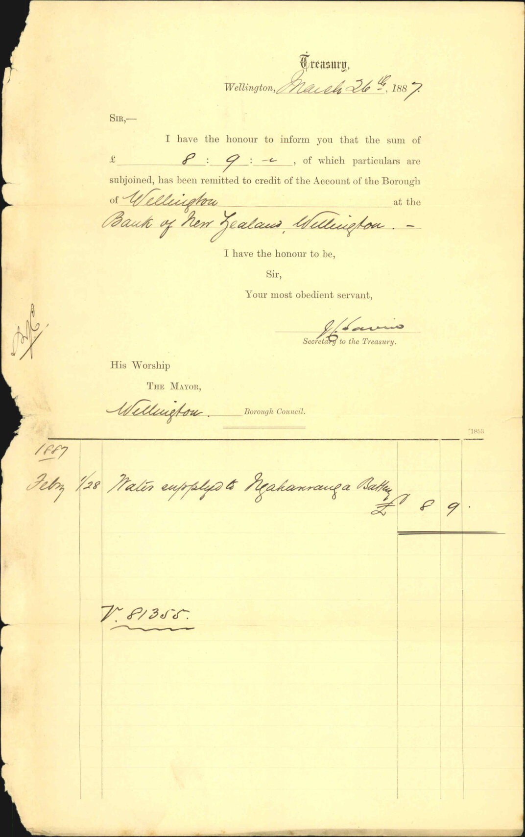 Advising payment of water account - Treasury