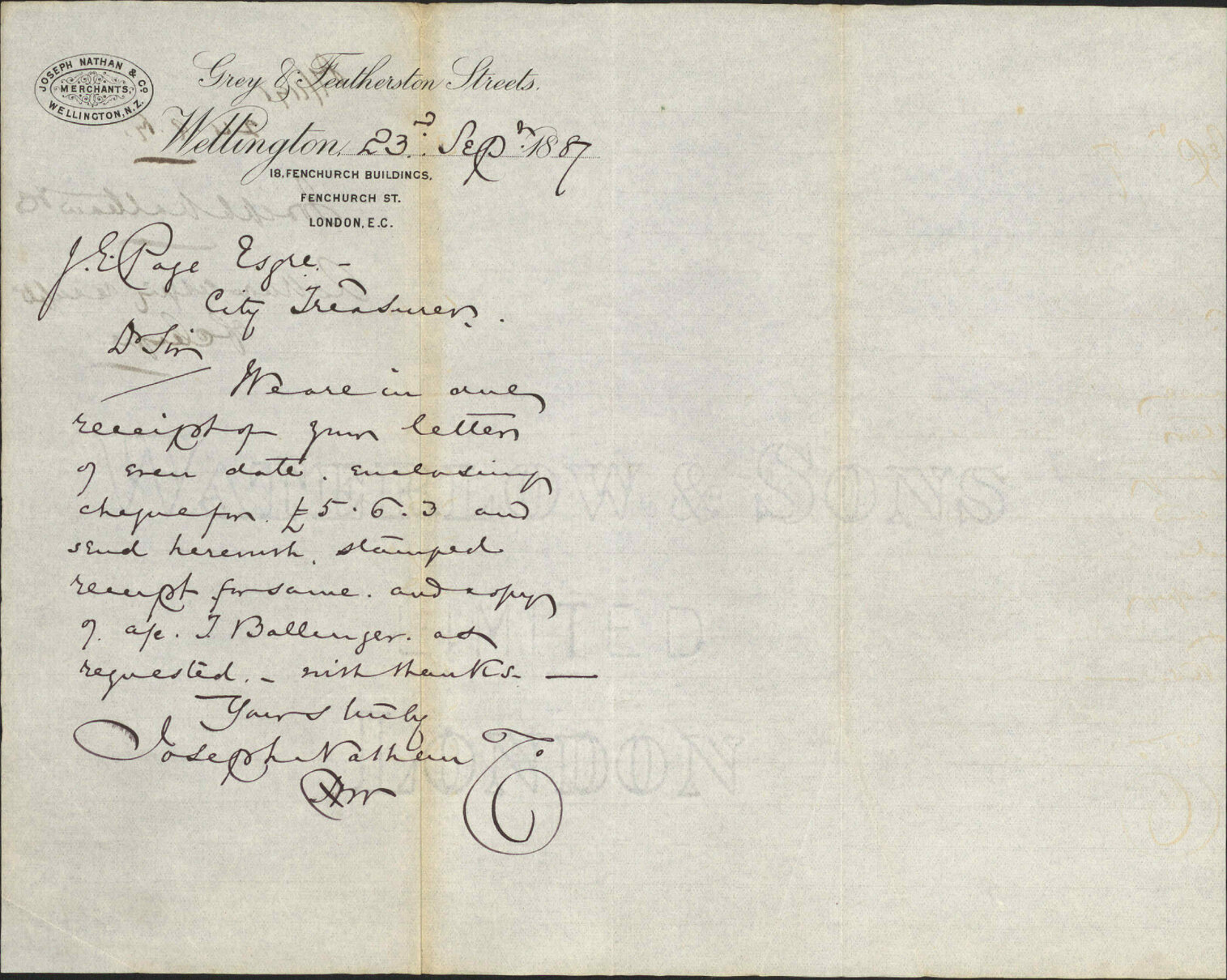 Acknowledging receipt of cheque - Joseph Nathan and Co