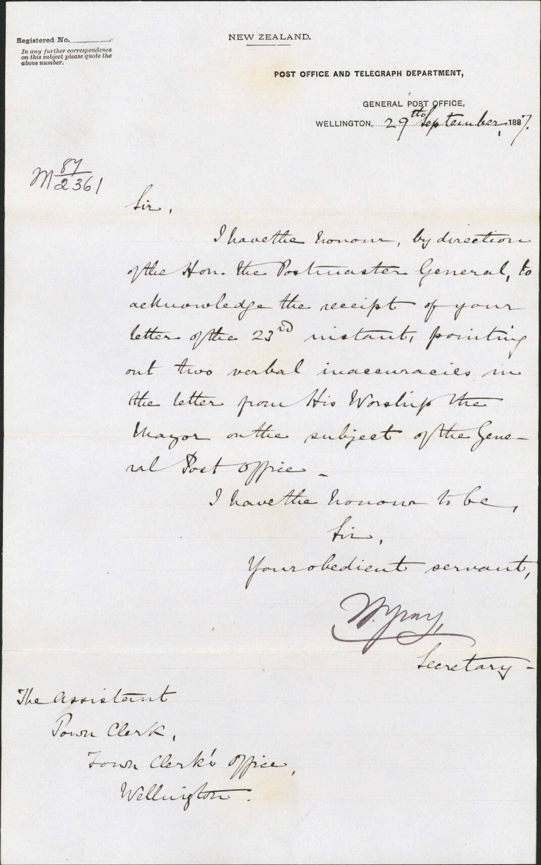Mayors letter regarding General Post Office - Post Office Department