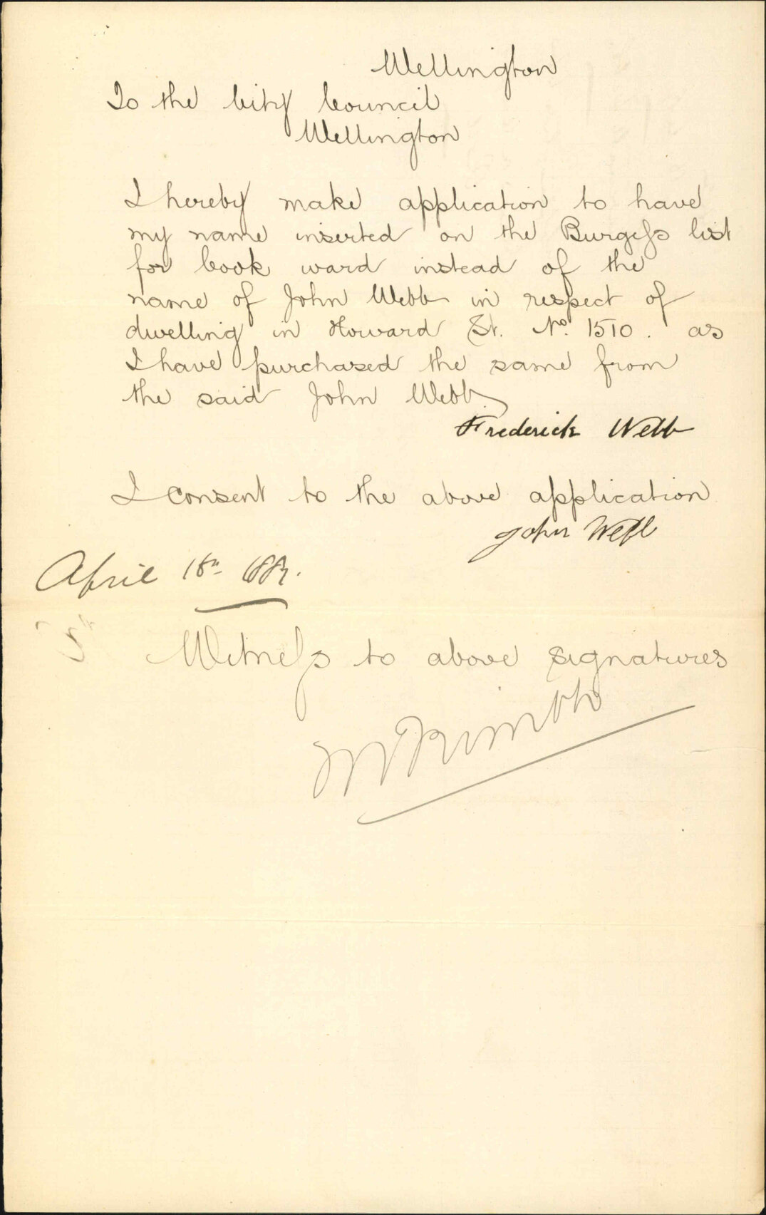 Application to be placed on Burgess Roll - Frederick Webb