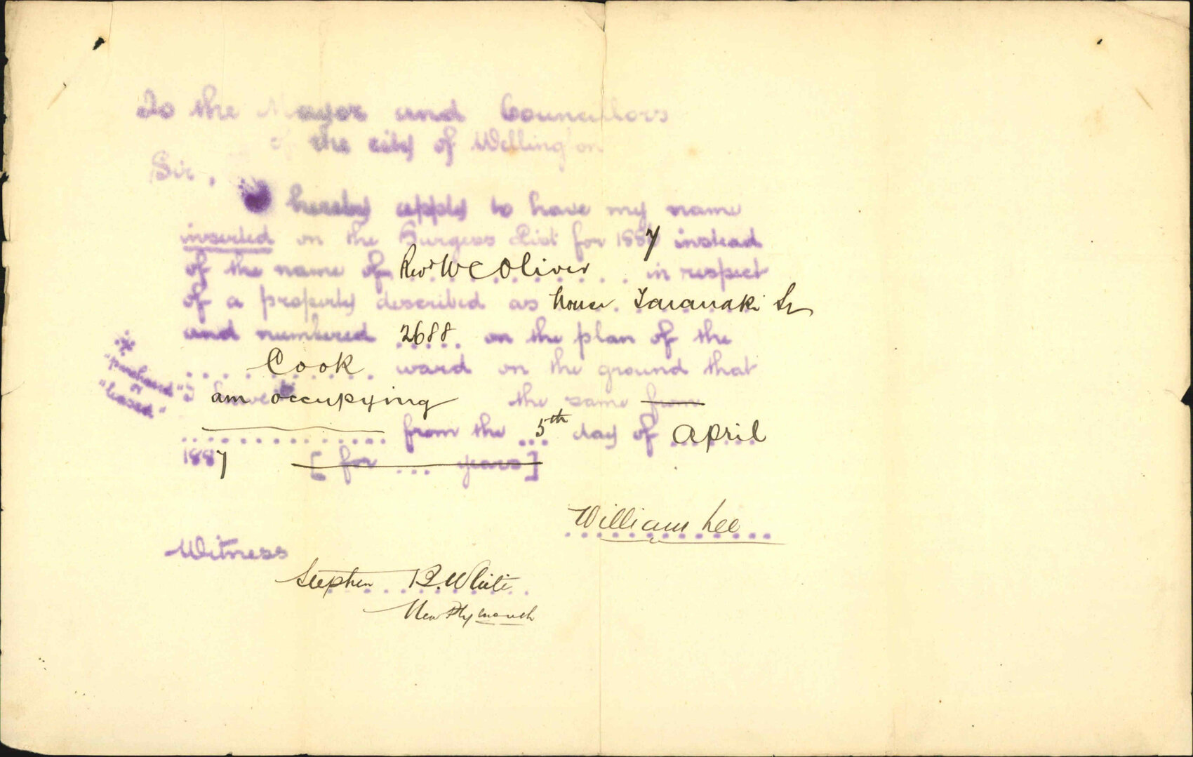 Application to be placed on Burgess Roll - William Lee
