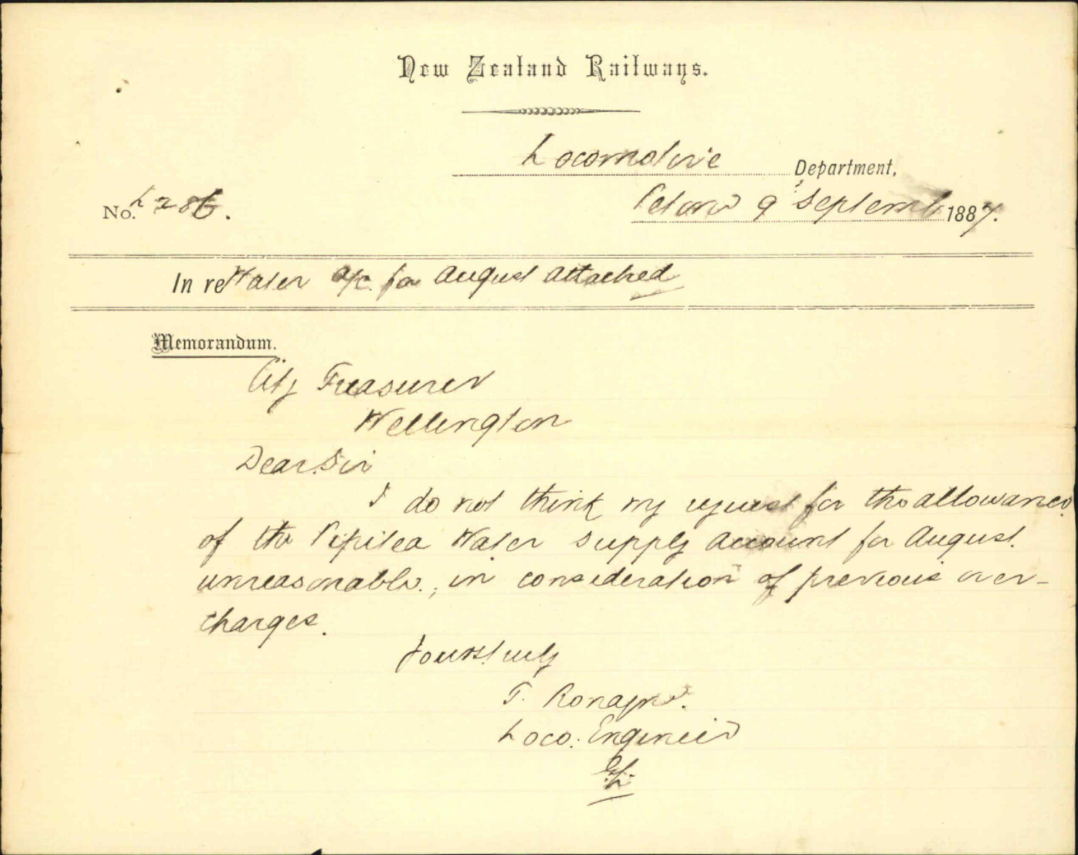 Water account, Pipitea - New Zealand Railways