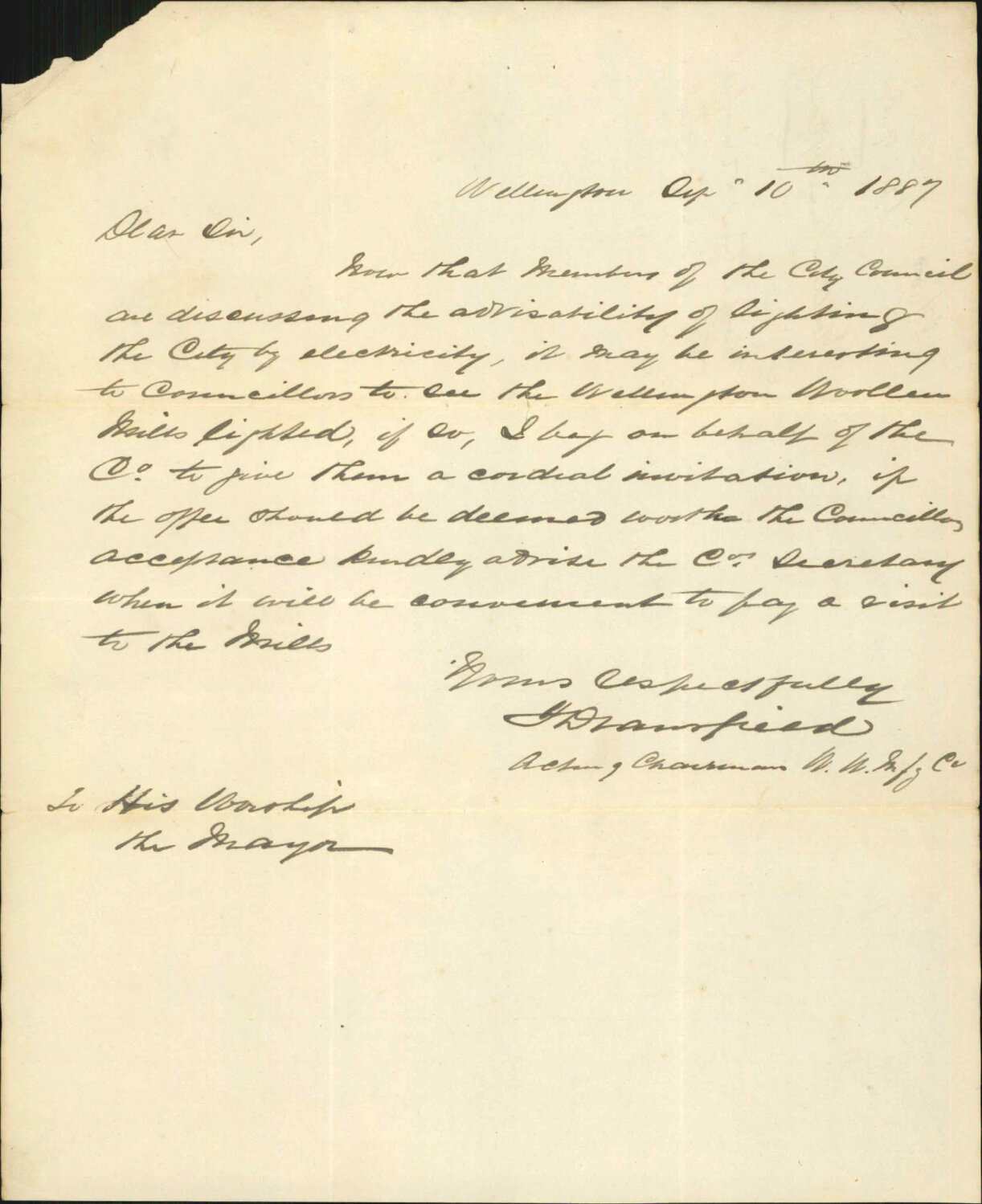 Invitation to inspect electric lighting at the works - Woollen Manufacturing Company