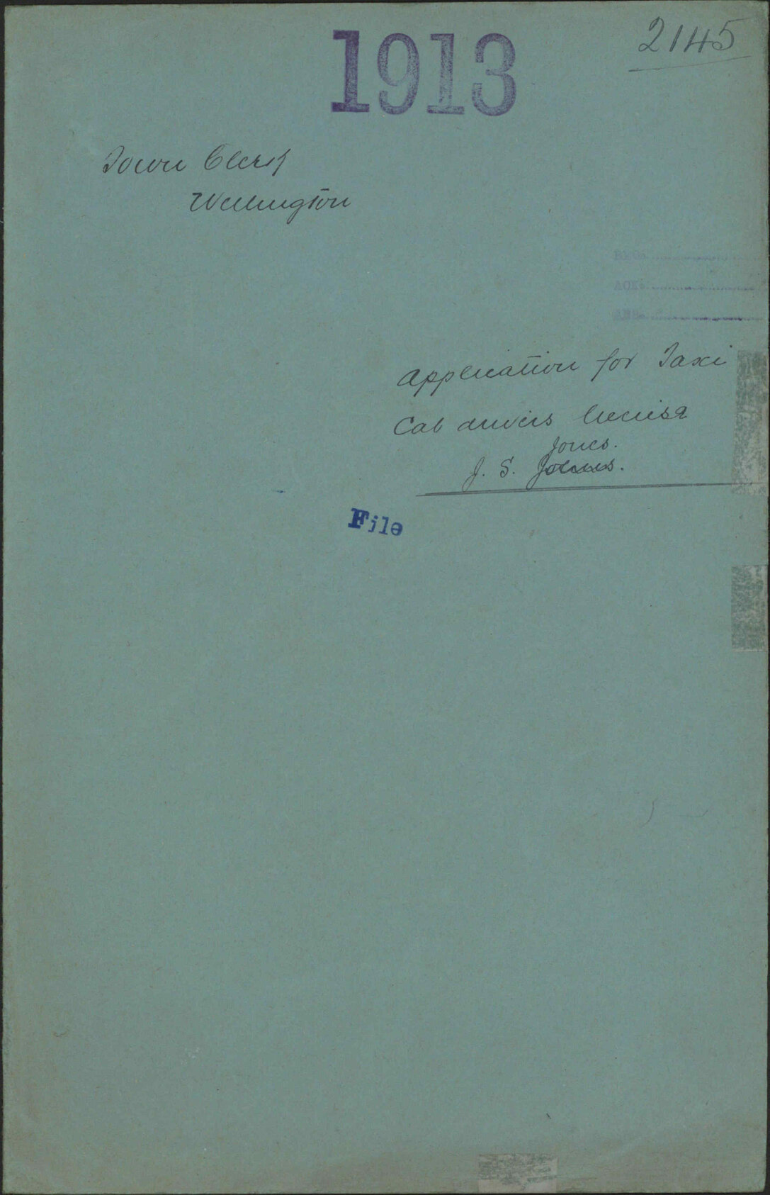 Application for Taxi Cab drivers license, J S Jones - Town Clerk, Wellington