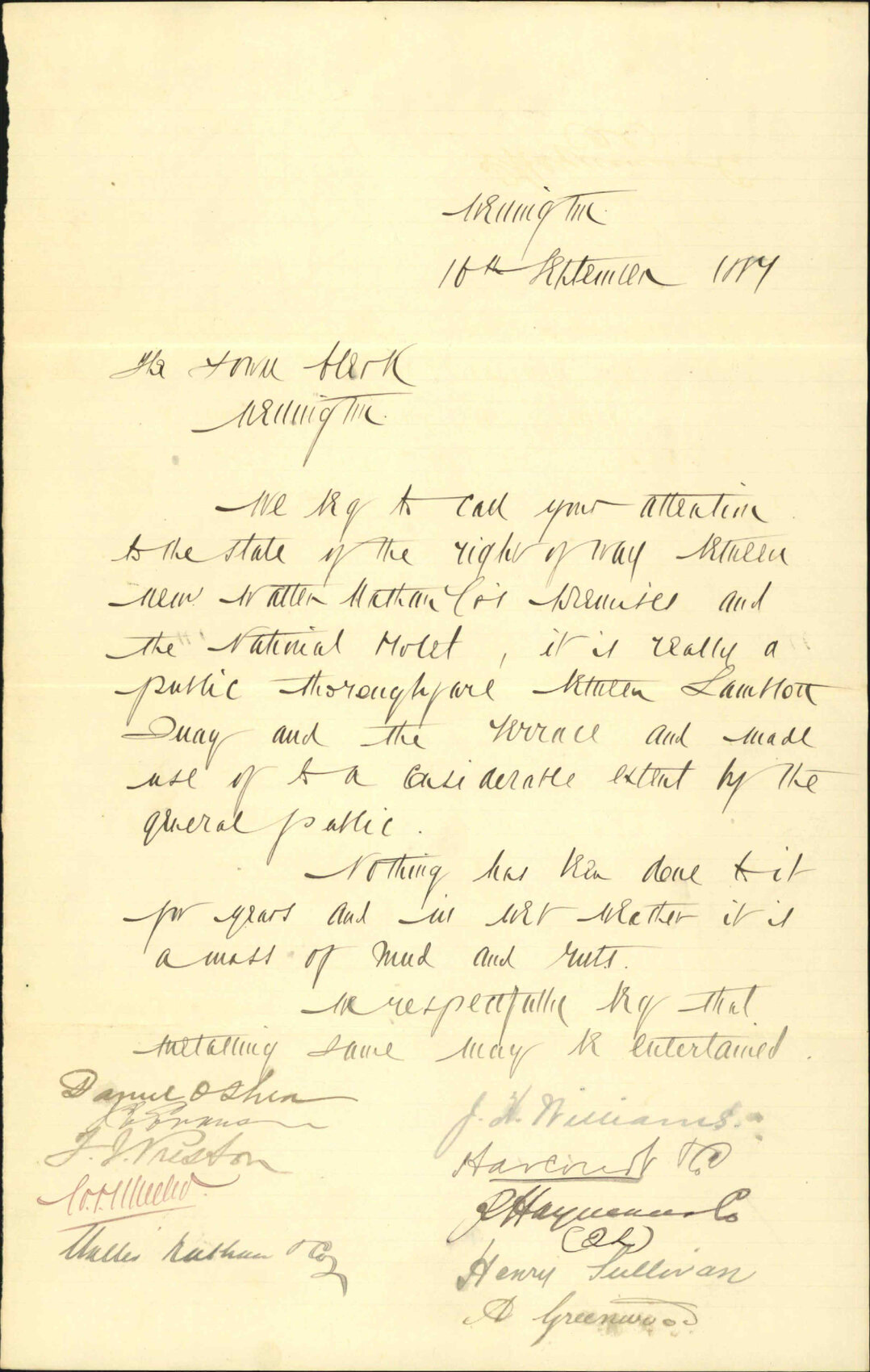 Petition asking for repairs to right of way off Lambton Quay (near National Hotel) - W F Wheeler and others