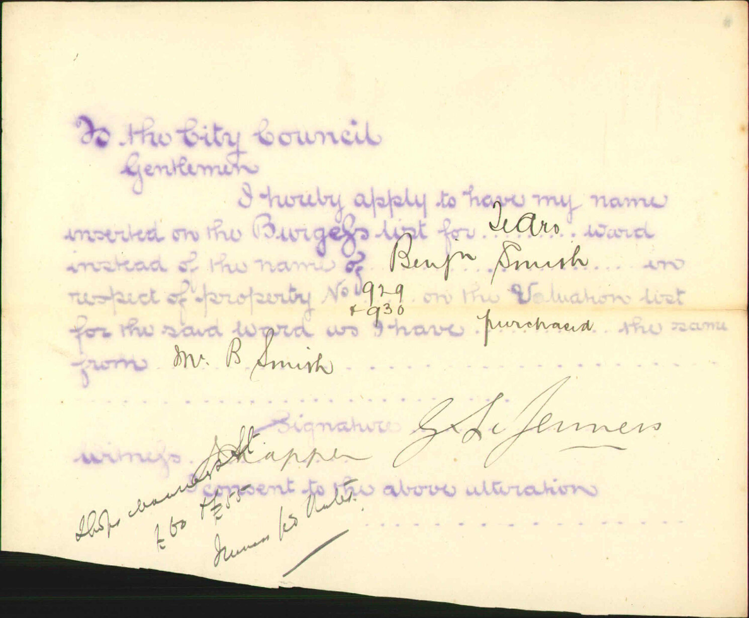 Application to be placed on burgess roll - G L Jenners