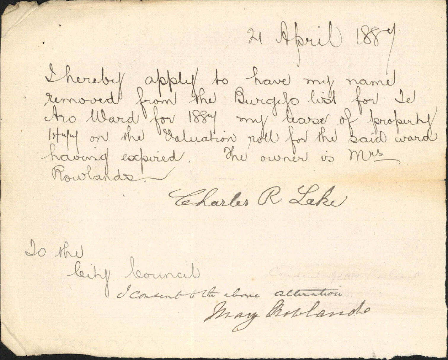Application regarding Burgess Roll - Charles R Lake