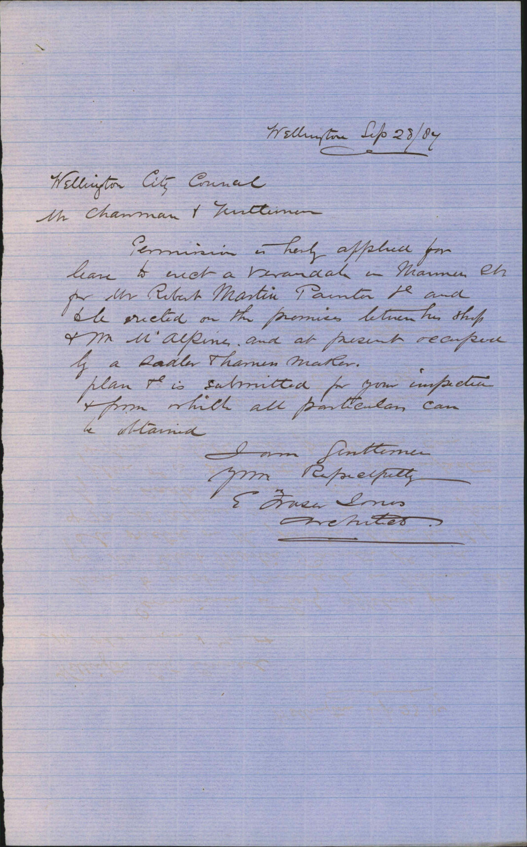 Application for permission to erect verandah in Manners Street - E F Jones